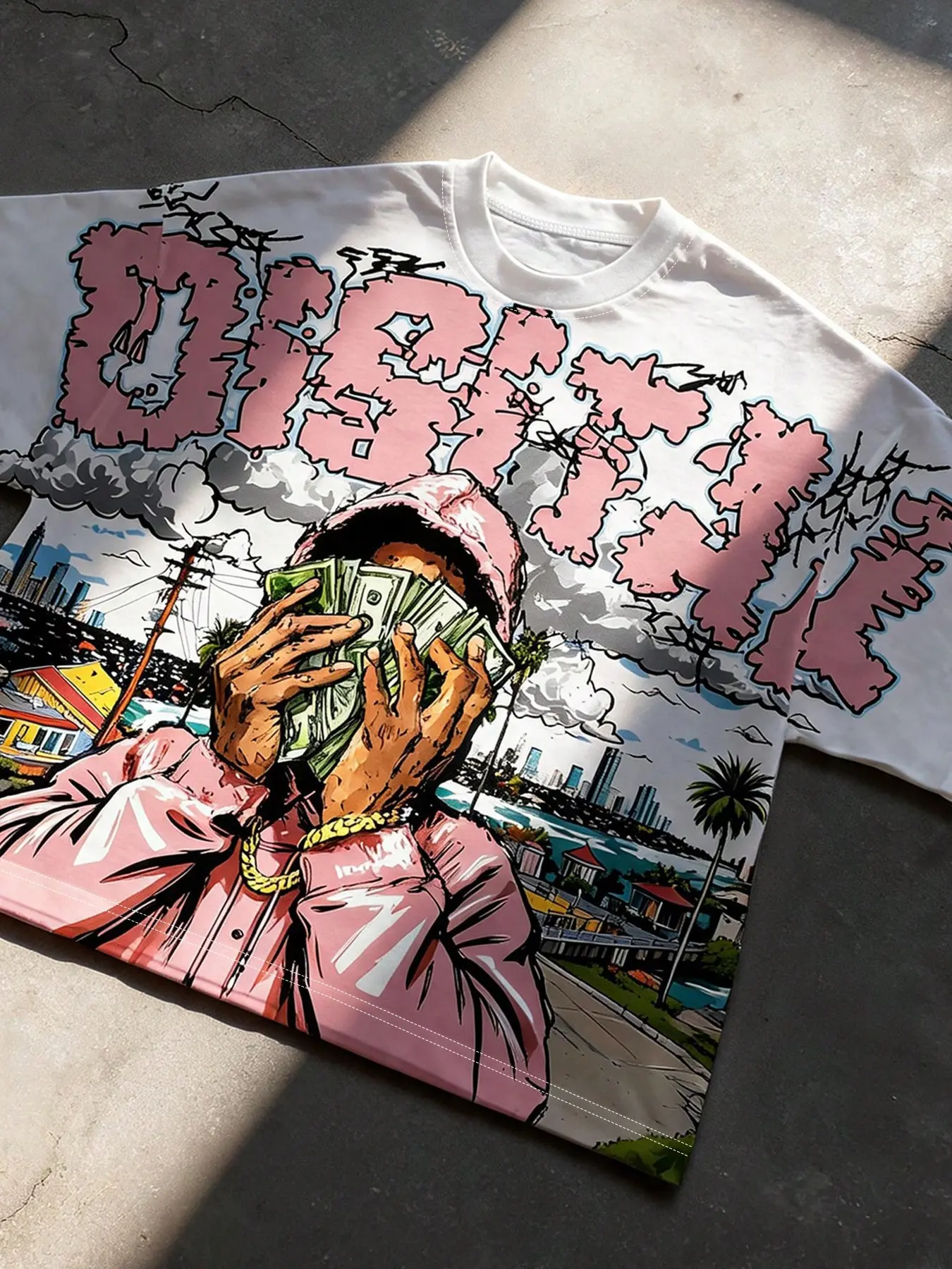 Men's White Pink Graffiti Letter Comic Hip Hop Figure Cityscape Print Crew Neck Short Sleeve T-Shirt, Loose Fit Classic Vintage West Coast Streetwear Street Style Summer Daily Casual Top