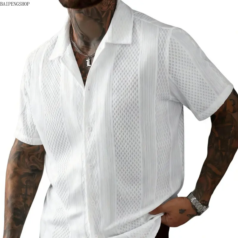 Men's Openwork Jacquard Knit Shirt, Casual Loose Fit Short Sleeve Collared Button-Down for Summer Beach Vacation Outfits, Menswear, Shortsleeve, Plain, Tops, Quick-Dry Knit