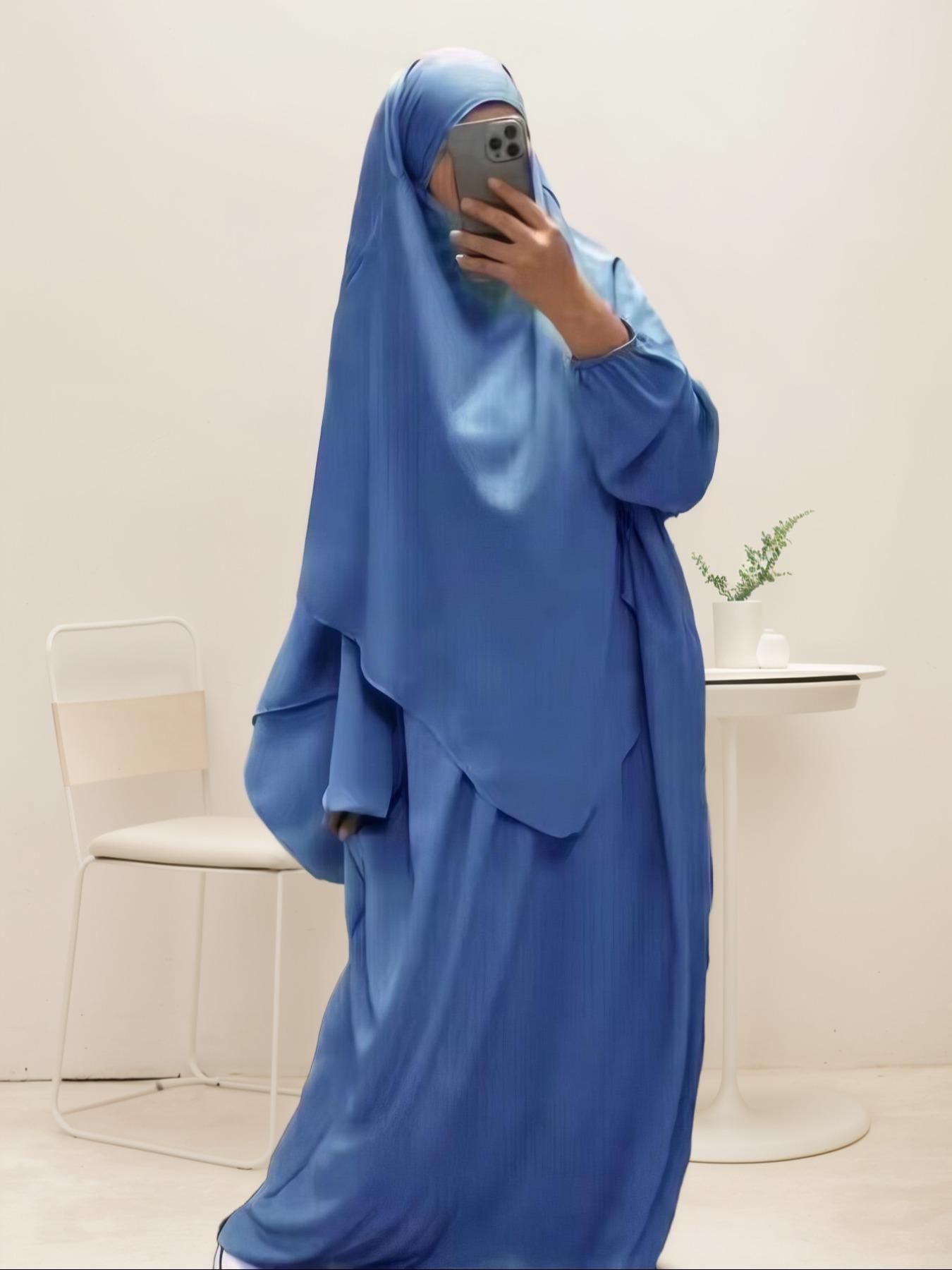 Women's Solid Long Sleeve & Abaya Hijab Set Casual Two-piece Islamic Clothing for Daily Wear, Ladies Islamic Clothing for All Seasons