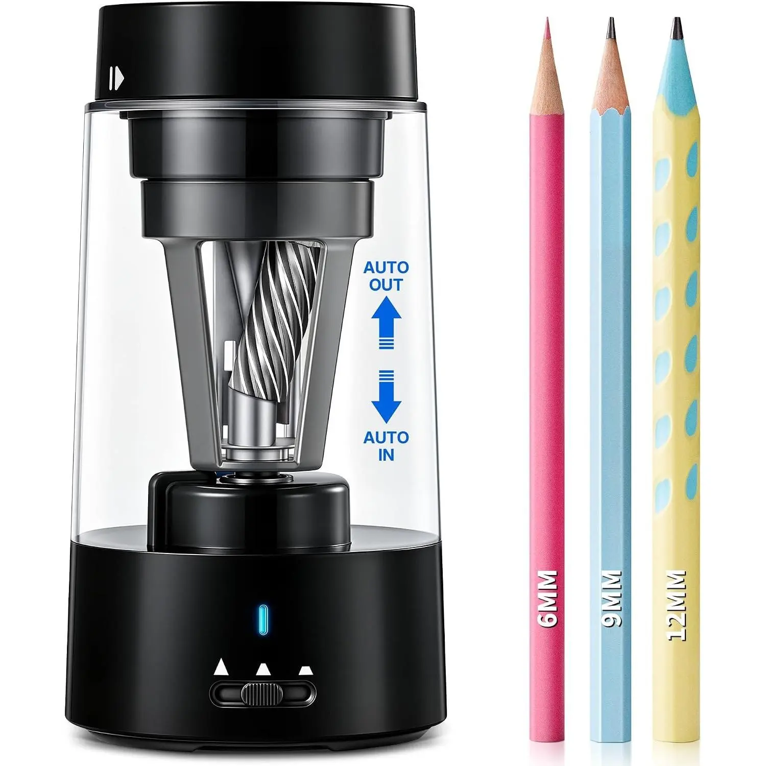 Fully Automatic Rechargeable Electric Pencil Sharpener | 3 Adjustable Sharpness Modes, Compatible with 6-12mm Pencils, Hands-Free  for , Office and Classroom, Black