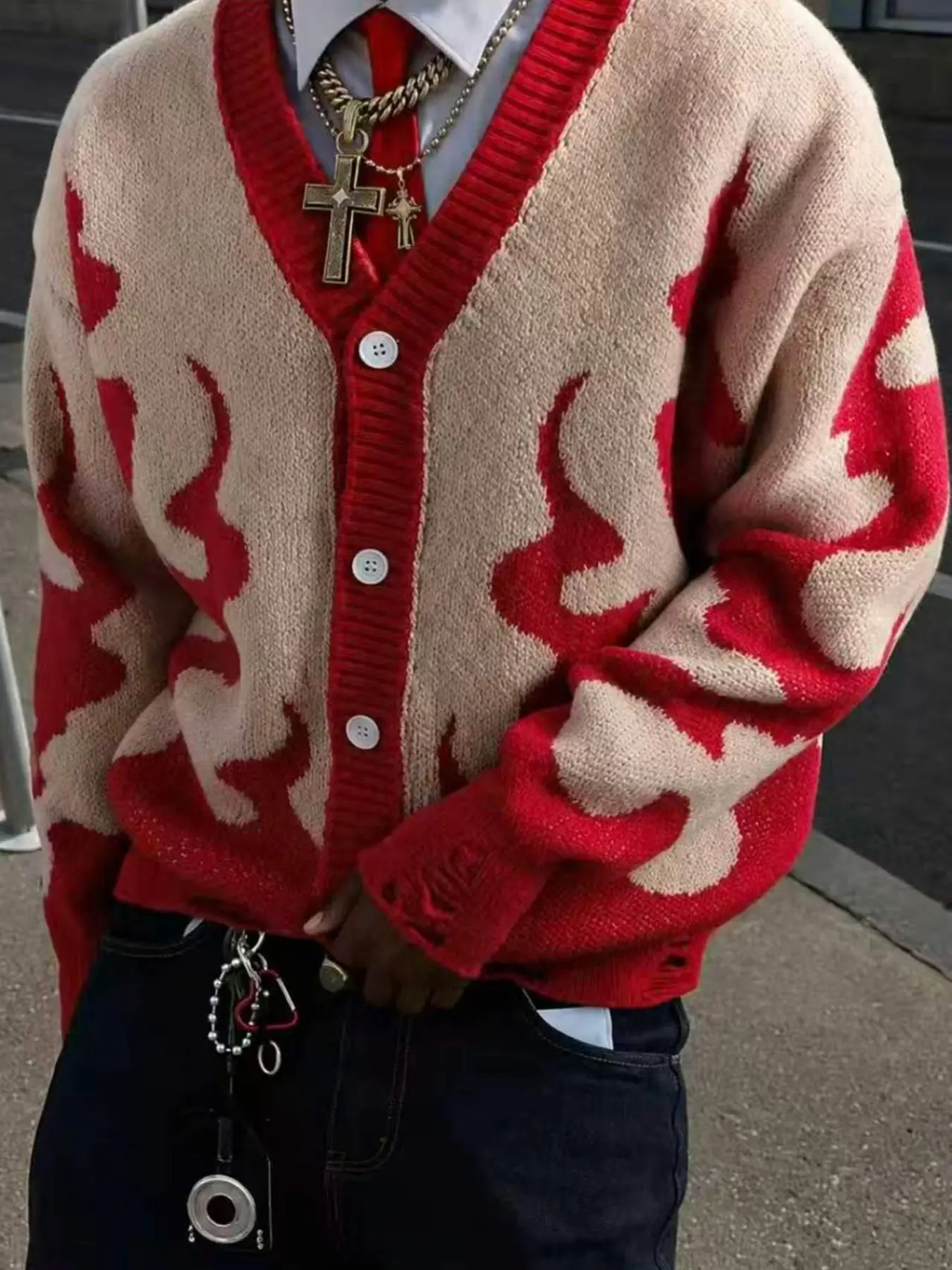 Vintage Flame Pattern Knit Jacket Vneck, Knitwear, Unisex Fall Winter Street Style, Casual Streetwear Halloween Theme, Fashion, Loose Fit with Distressed Hem, Available in 2 Colors