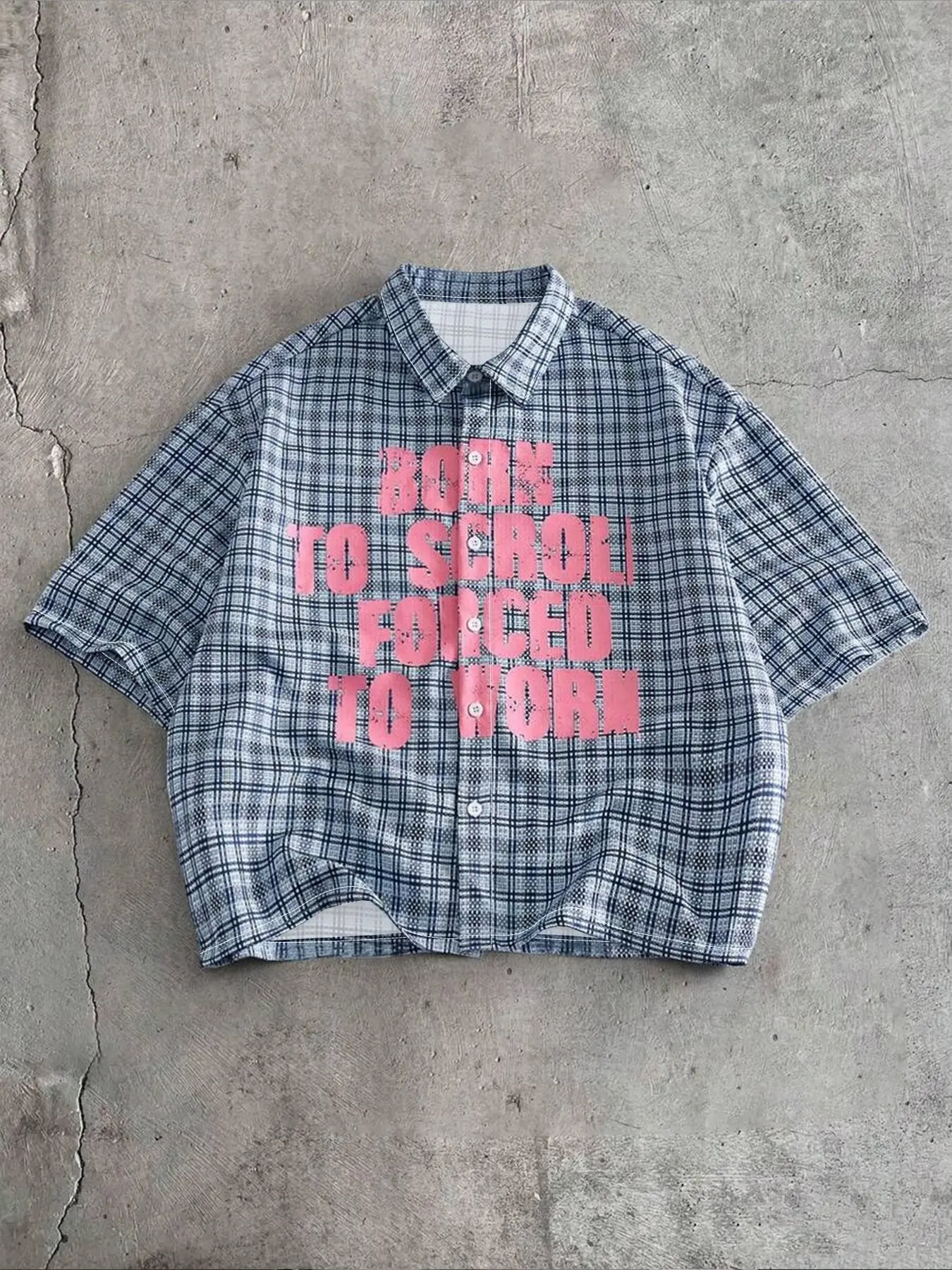 Blue Plaid Short Sleeve Shirt, Slogan Letter Print, Loose-Fit Y2K Street Style, Summer Casual for Daily Wear