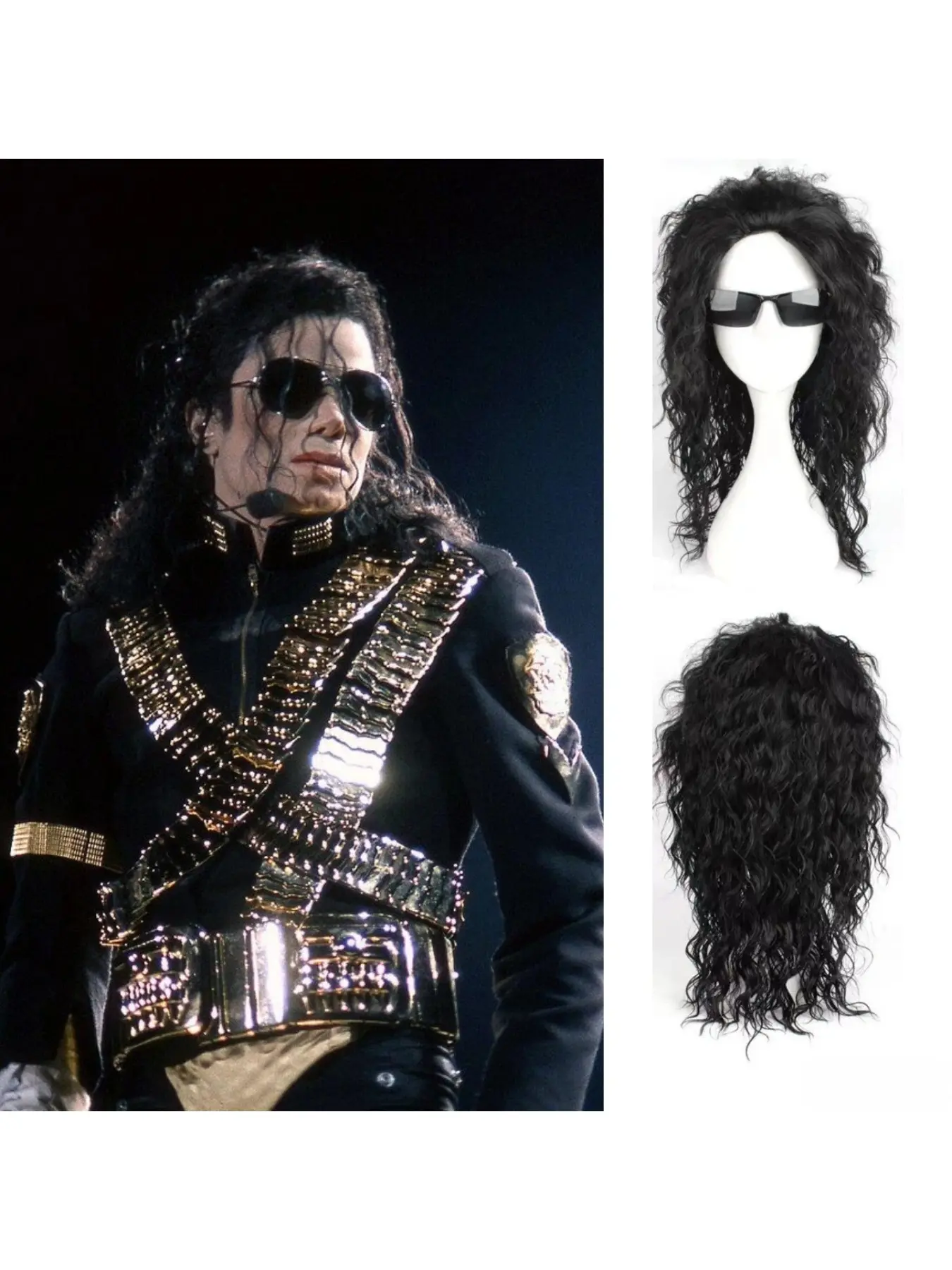 Michael Jackson Long Black Curly Synthetic Wig, MJ Cosplay Wig For Halloween Party Stage Performance Costume Props, Wavy Synthetic Wigs