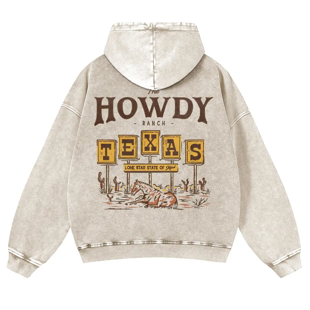 Vintage Mineral Wash Sand Graphic Hoodie | Unisex Oversized "Texas Howdy Ranch" Western Streetwear Pullover | Retro Country Music Festival Cowgirl Sweatshirt Y2K