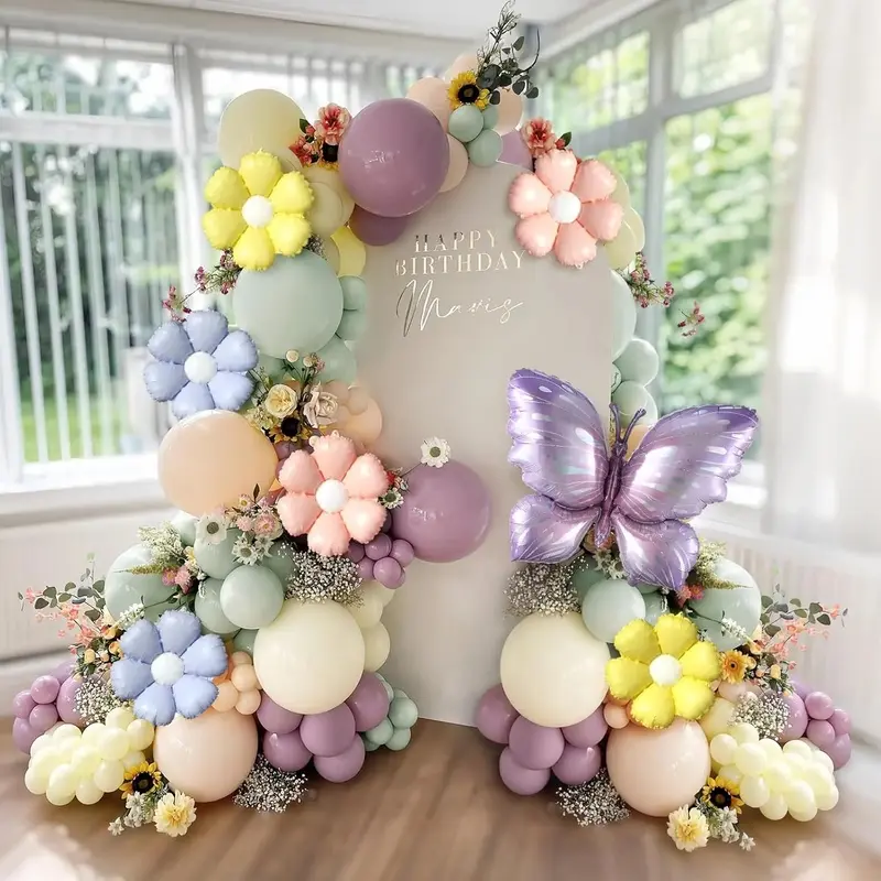 Spring Floral Butterfly Balloon Arch Kit,137Pcs Pastel Lavender Purple Yellow Balloon Garland with Daisy,Butterfly Foil Balloons for Wildflower Fairy  Shower Birthday  Party Decorations