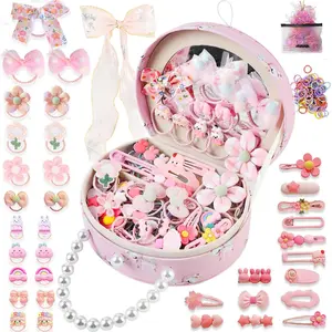 Princess Jewelry Box for Girls with Hair Accessories,Girls Hair Clips Bows Set, Fashion Hair Styling Kit with Mirror,Pink Sparkle Trinket Box Includes Hair Clips (Ribbon)