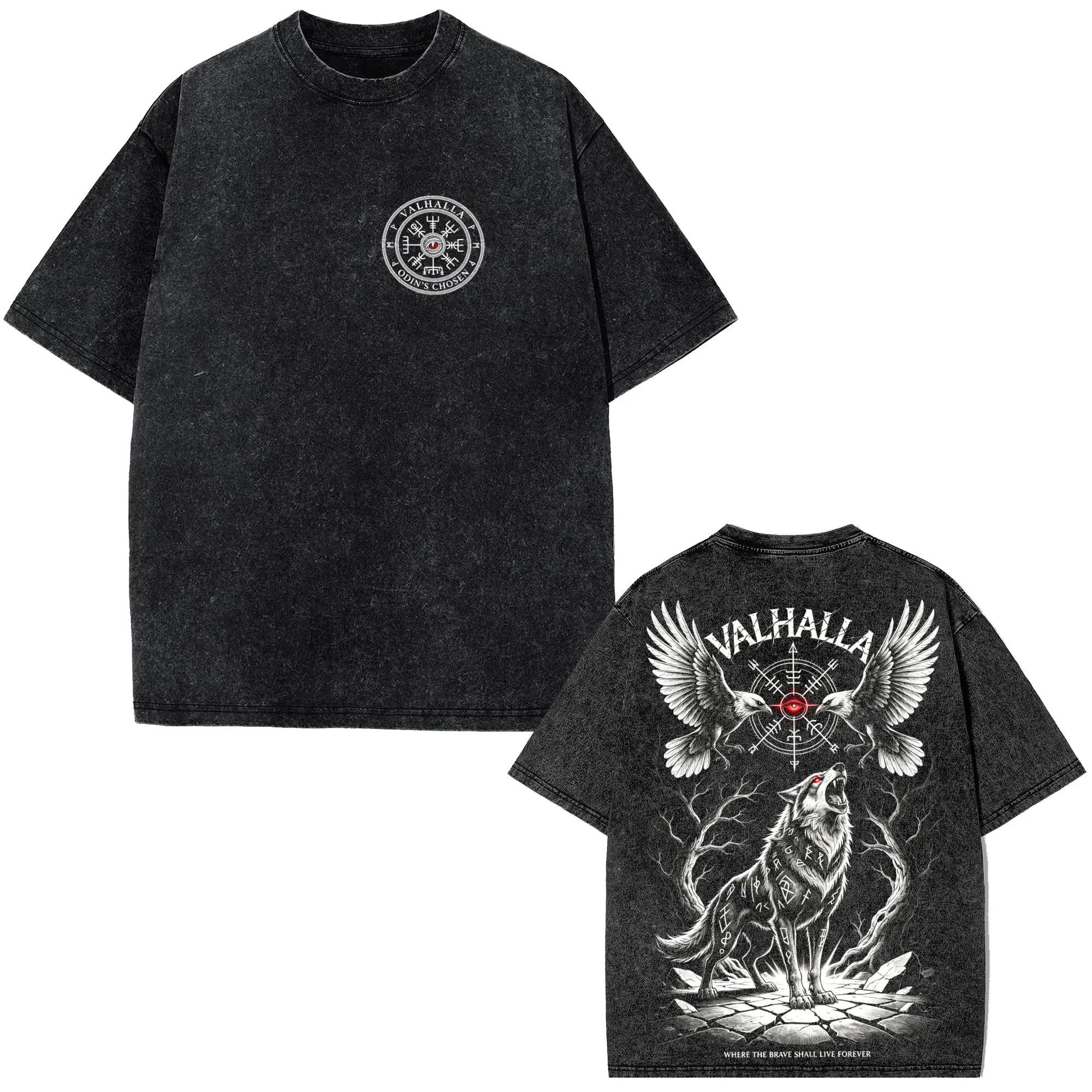 VALHALLA Men's Oversized Acid Wash Wolf Graphic T-Shirt - Norse Mythology Viking Raven Odin Fenrir Runic Gothic Top, Short-Sleeve Casual Warriors Print, Relaxed Fit Comfy Indie Aesthetic Washed Black Textured Menswear, Gifts For Him, Tshirt,tee men