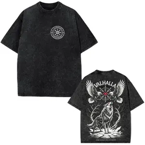Valhalla Wolf Acid Wash Oversized Graphic Tee Men Norse Mythology Viking Raven Odin Fenrir Runic Dark Gothic Streetwear Gifts For Him Washed Black T-Shirt stylish comfy indie aesthetic