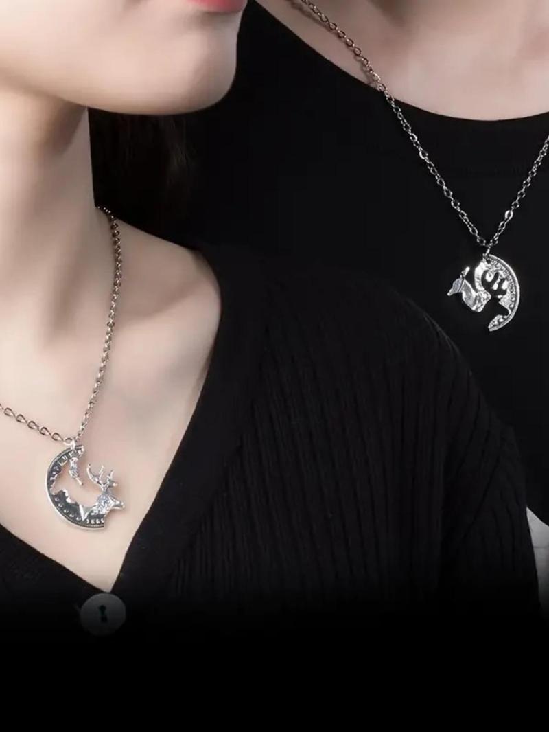 2pcs/set Unisex Asymmetrical Necklace with Deer Design, Casual Trendy Metal Feature, Fashionable Charms Necklace for Daily & Party Decoration, Western Jewelry, Men Jewelry, Friendship Jewelry