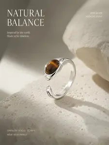 Women's S925 Silver Vintage Bohemian Tiger Eye Adjustable Ring, Fashion Simple Finger Ring for Daily Wear, Perfect Gift for Friends Birthday Holiday Valentine's Day, Vintage Rings, Unique Rings