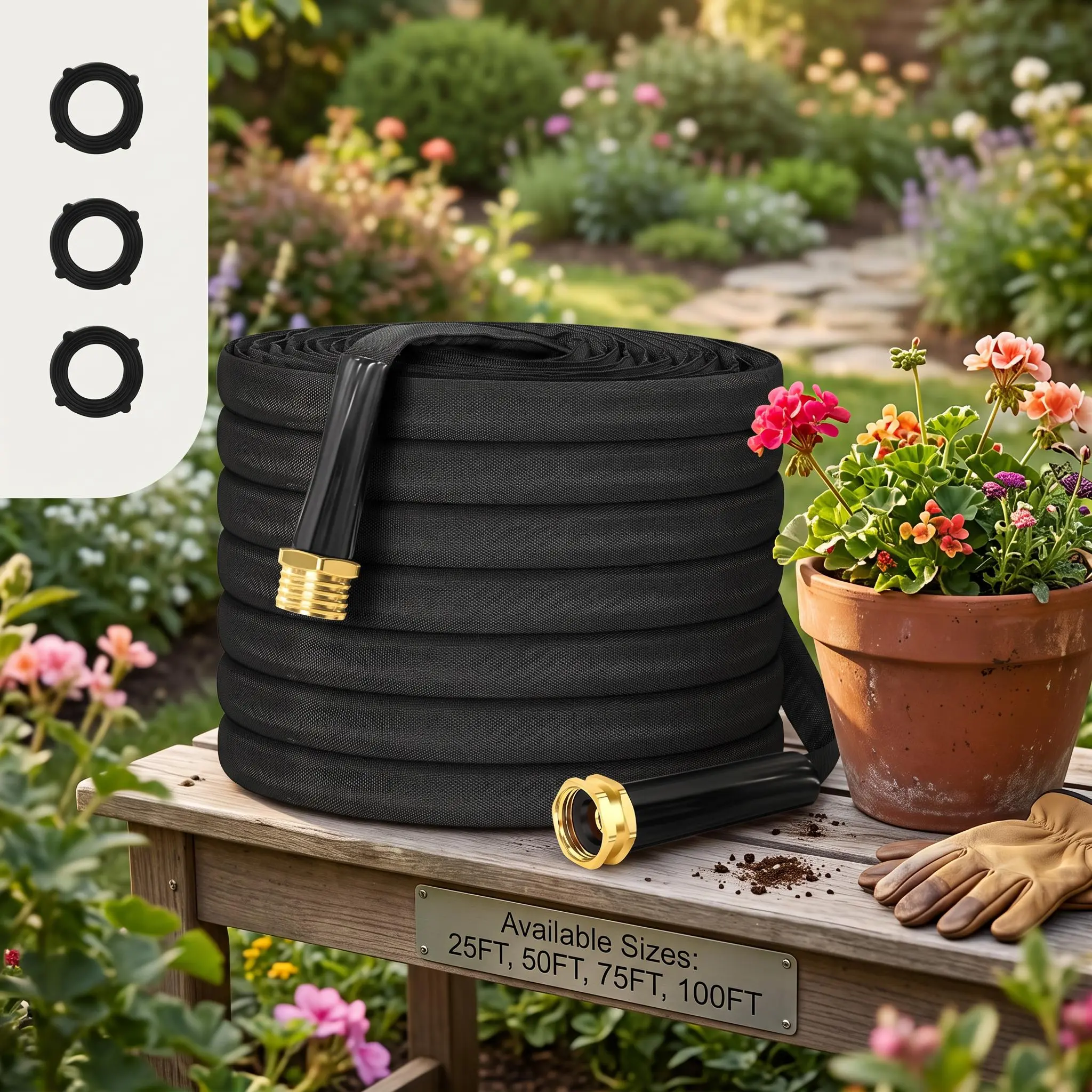 【IdealHouse】Lightweight No‑Kink 25/50/75/100FT Garden Hose, Fabric Covered Water Hose With 3/4" Copper‑Plated Aluminum Fittings, Burst‑Proof Leakproof PVC Core For Yard Car Wash Irrigation