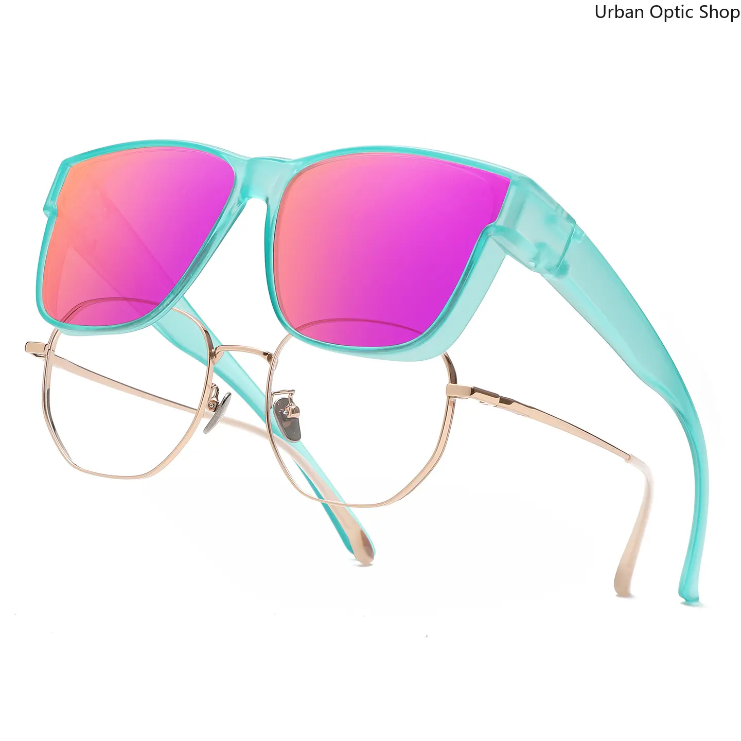 XUH Unisex Square Fit-Over Polarised Sunglasses - Transparent Teal Nylon Frame, Mirrored Pink-Purple UV Protection Lens, Oversized TR90 Frame for Prescription Glasses, Driving, Casual Female Outdoor Wear, Polarised Lens, Mirrored Lens