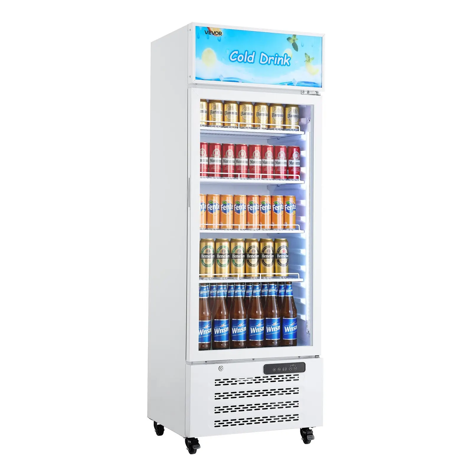 VEVOR Commercial Rectangular Merchandiser Refrigerator (SC-290FAD), 9.6 Cu. Ft/273 L Glass Door Beverage Cooler, 23.4"w x 68.3"h Upright Unit with LED Lightbox, 4 Adjustable Shelves, Soft LED Light for Homes, Shops