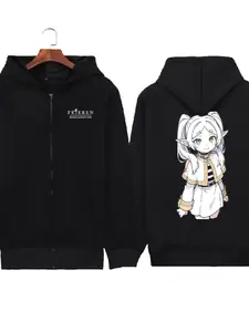 Fashion Twin Braid Frieren Anime Character Print Zipper Jacket, Shoulder Drop Loose Fit Casual Open Front Hoodie for Anime Fans