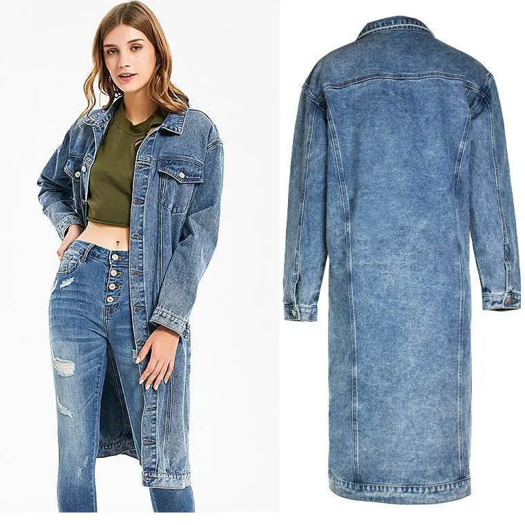 Women's Long Vintage Washed Denim Jacket, Drop Shoulder Oversized Full Metal Button Down Over Knee Jean Coat with Contrast Stitching for Casual Streetwear