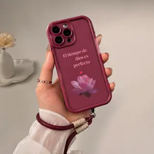 Elegant Lotus Design Lanyard Phone Shell El Tiempo De Dios Es Perfecto for iPhone Samsung 17Pro Max Air 16 15Plus 14 13 12 11 XR XS Galaxy S26 S25 S24 S23 S22 A71 A56 A55 A54 A53 A52 Luxury Matte Texture Religious Birthday Gift For Her .NN131
