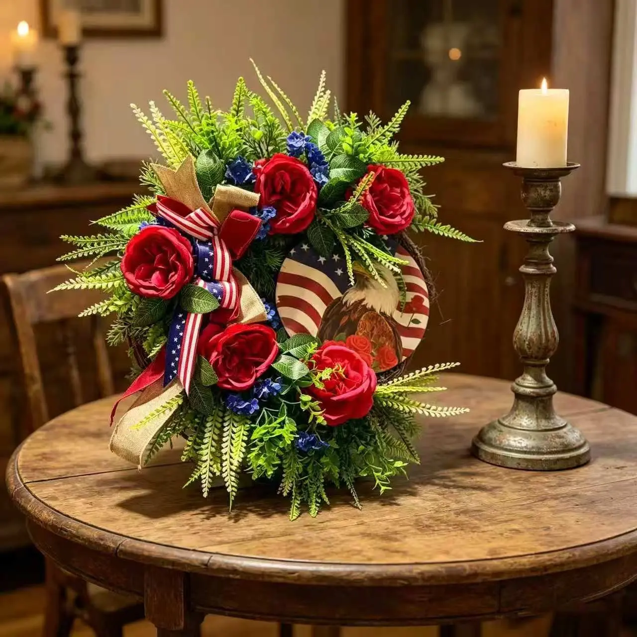 Vintage American Flag Eagle Wreath, Roses, Blue Flowers, Patriotic Bow, Perfect for Independence Day and Memorial Day Decorations