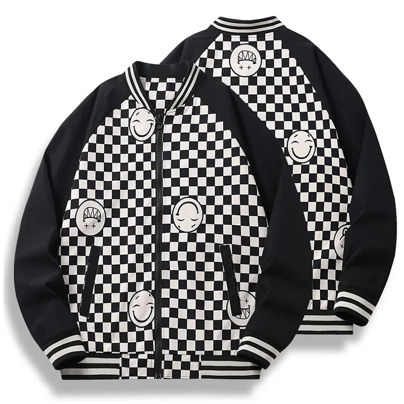 Men's Full Board Checkerboard Smiley Face Baseball Jacket - Menswear Long Sleeve Top with Shoulder-Stitched Sleeve Zipper, Striped Ribbed Edging, Ideal for Street Photography & City Strolling, Coats