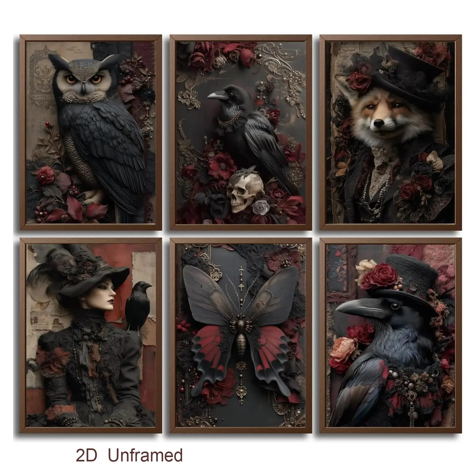 6-Piece Set: Gothic-Style Canvas Wall Art: Halloween Witch-Themed Poster, Dark Academic-Style Decorative Art, Romantic Roses, and Ravens and Skulls Artwork—Artwork Perfect for Living Rooms and Bedrooms, Unframed 2D Posters