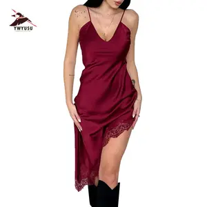 Women's Satin Sleeveless Dress Elegant Lace Trimmed Asymmetrical Hem Spaghetti Strap Dress for Party Date Night Wear