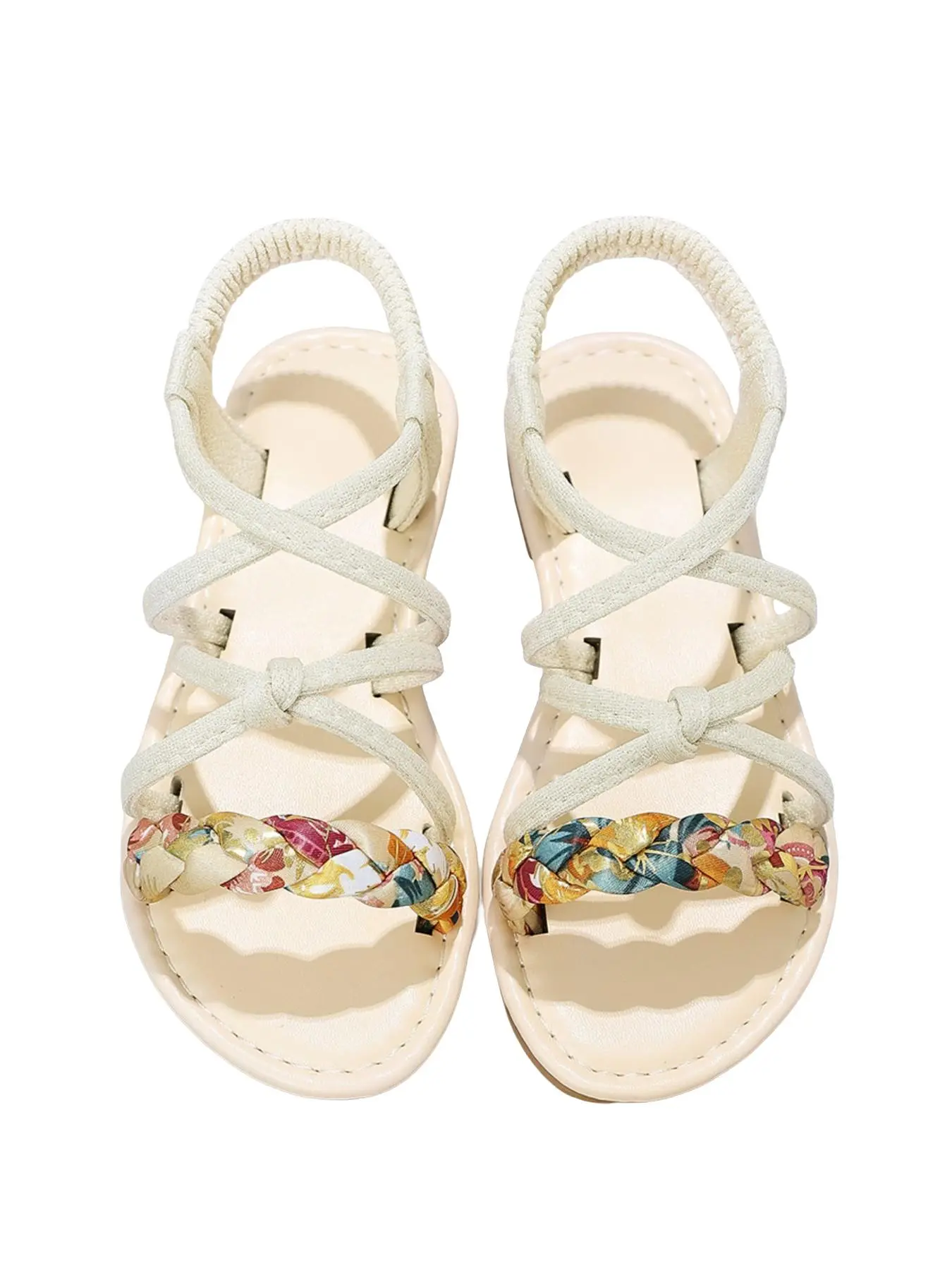 Summer Girls' Flat Slide On Sandals, Cross Straps with Colorful Braided Laces, Slip-On Elastic Band, Beach & Daily Wear, Casual Footwear