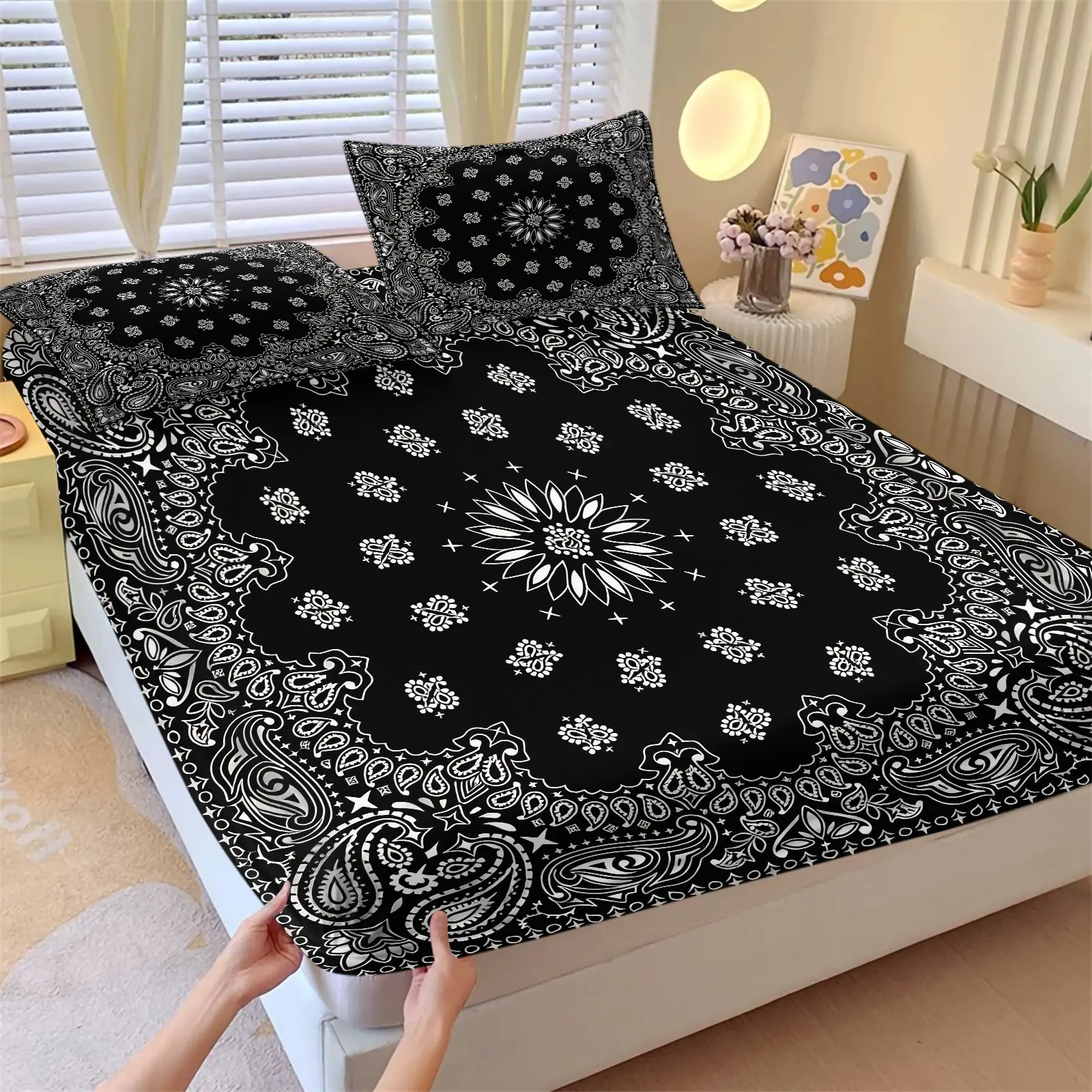 Full Print Framed Lotus Paisley Bandana Print Fitted Sheet Set 3 Piece, 1 Fitted Sheet & 2 Pillowcase, Black White Western Hip Hop Mattress Cover All Size, Breathable Soft Fabric, Stylish Neutral Decor For Men Women Bedroom