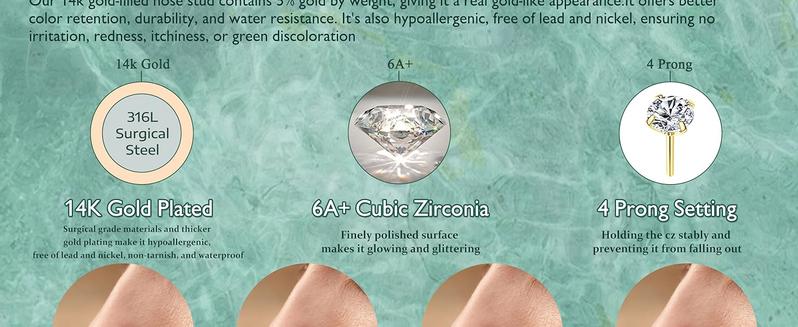 YADOCA Nose Rings for Women - 14K Gold Filled Hypoallergenic Surgical Steel Nose Ring Hoops 18G/20G/22G Small Cute CZ Screw L Shaped Nose Studs Piercings Jewelry for Women Men 12Pcs