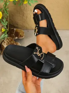 2026 Summer Bestseller Women's Thick Sole Sandals, Luxury Metal Letter Buckle, Height-Boosting Anti-Slip, Casual Beach Streetwear Shoes