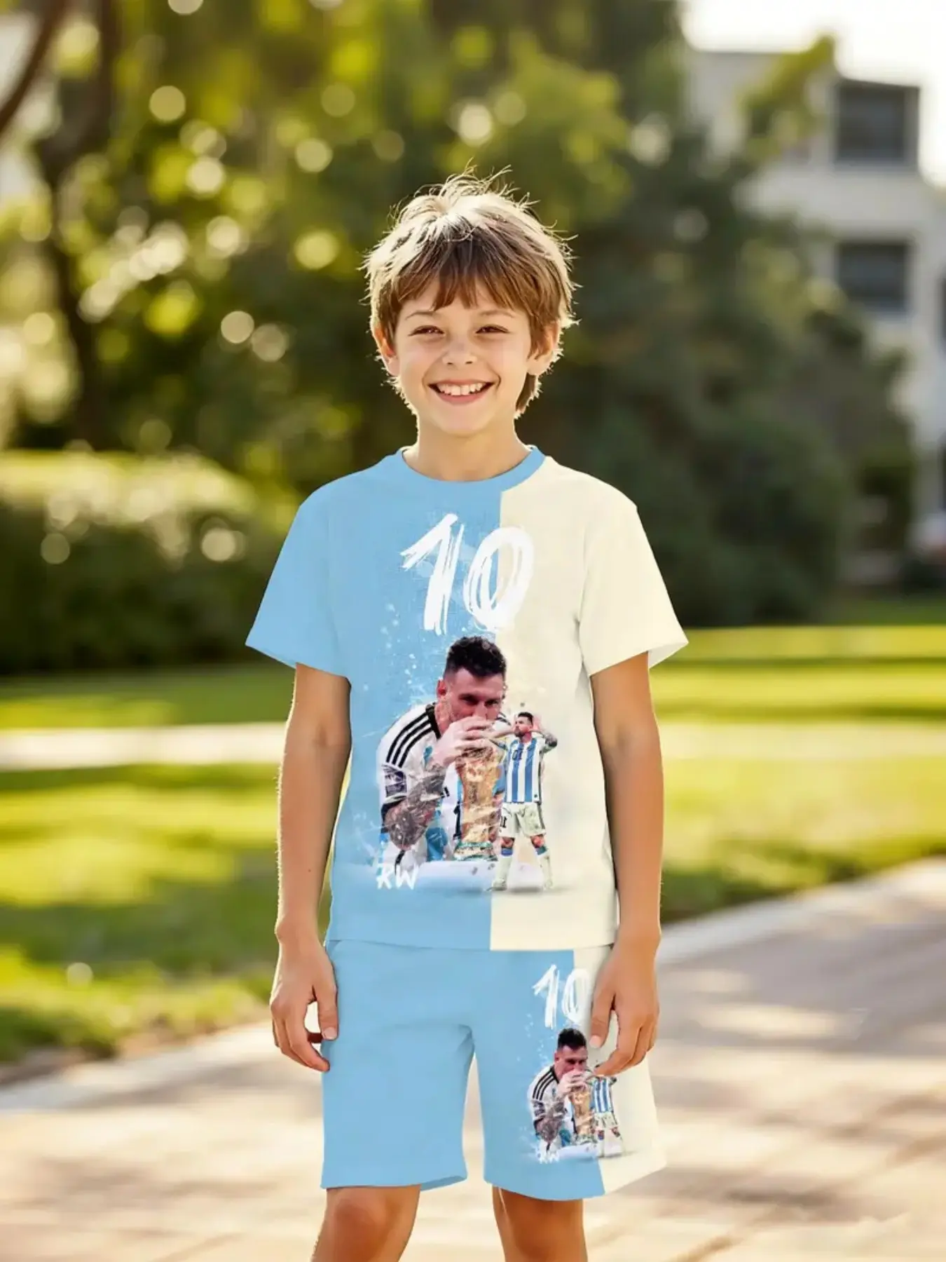 Argentina Champion Football Style Short Sleeve Summer Clothing Set, Boys' 3D Printed Tee and Shorts, Casual Outdoor Wear, Holiday Gift