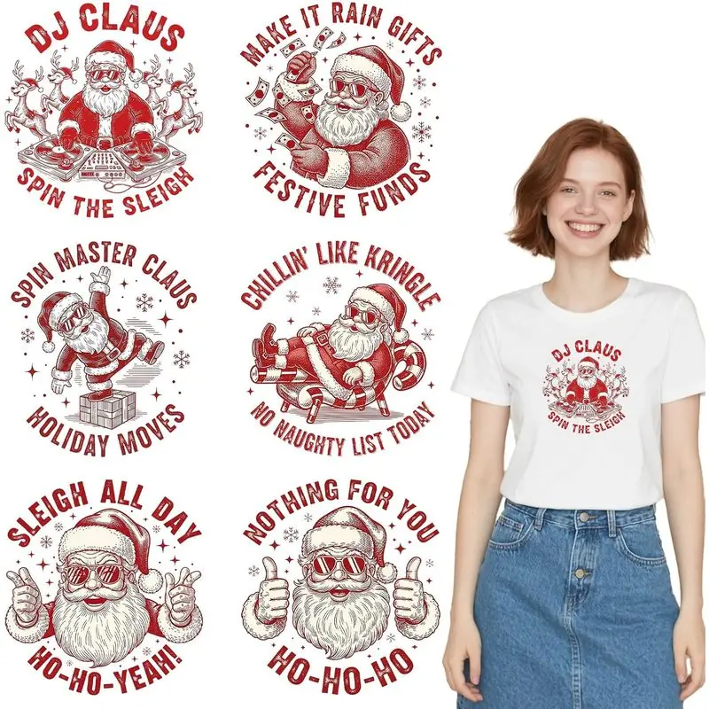 Iron on Transfer 6 Pcs Santa Claus DTF Transfer for Clothes | Vibrant Colors, Heat Sublimation, Quick Ironing, 3D Pattern Effect, Breathable and Skin Friendly, Fits Most fabrics