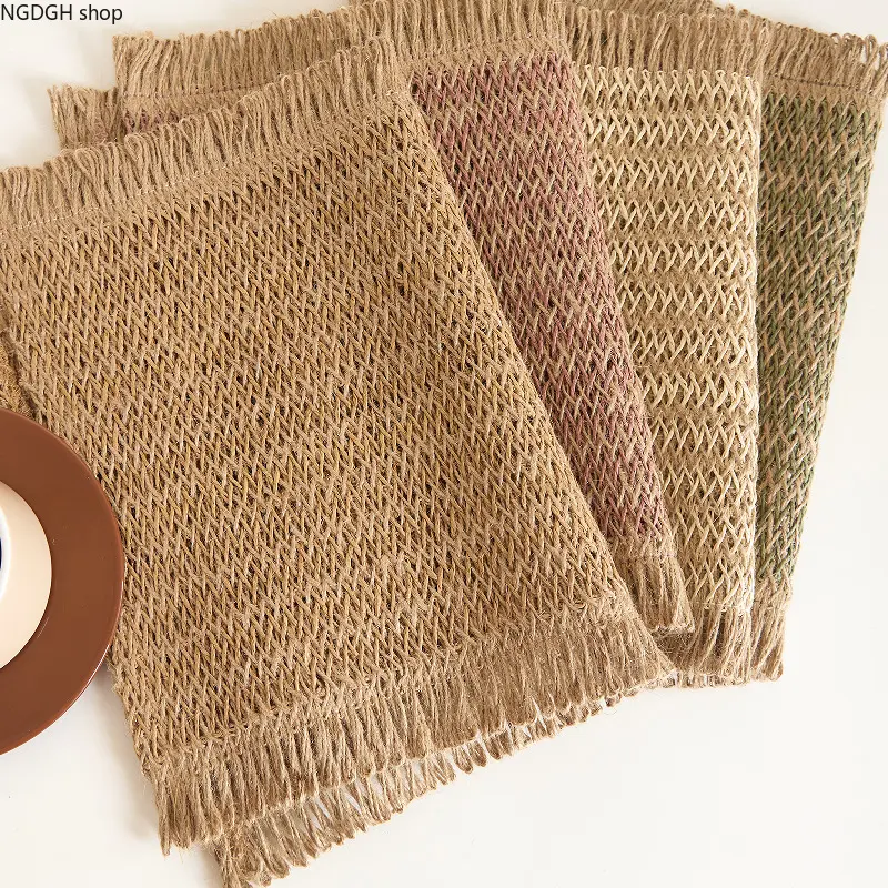 Woven Placemats - Fringe Jute Table Mats for Dining, Rustic Farmhouse Natural Beige Green Pink Boho Kitchen Home Decor