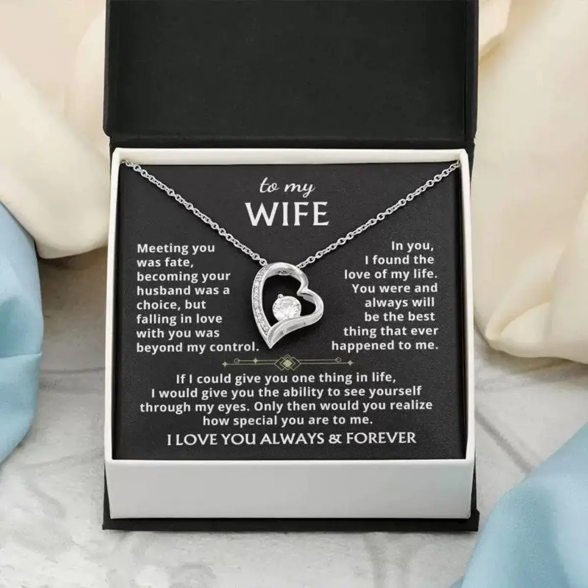 Forever Love Heart Shape Necklace for Wife - Romantic Gifts with Adjustable Chain, Crystal Accent, Cubic Zirconia & Romantic Message Card, Husband’s Gift for Anniversary, Birthday