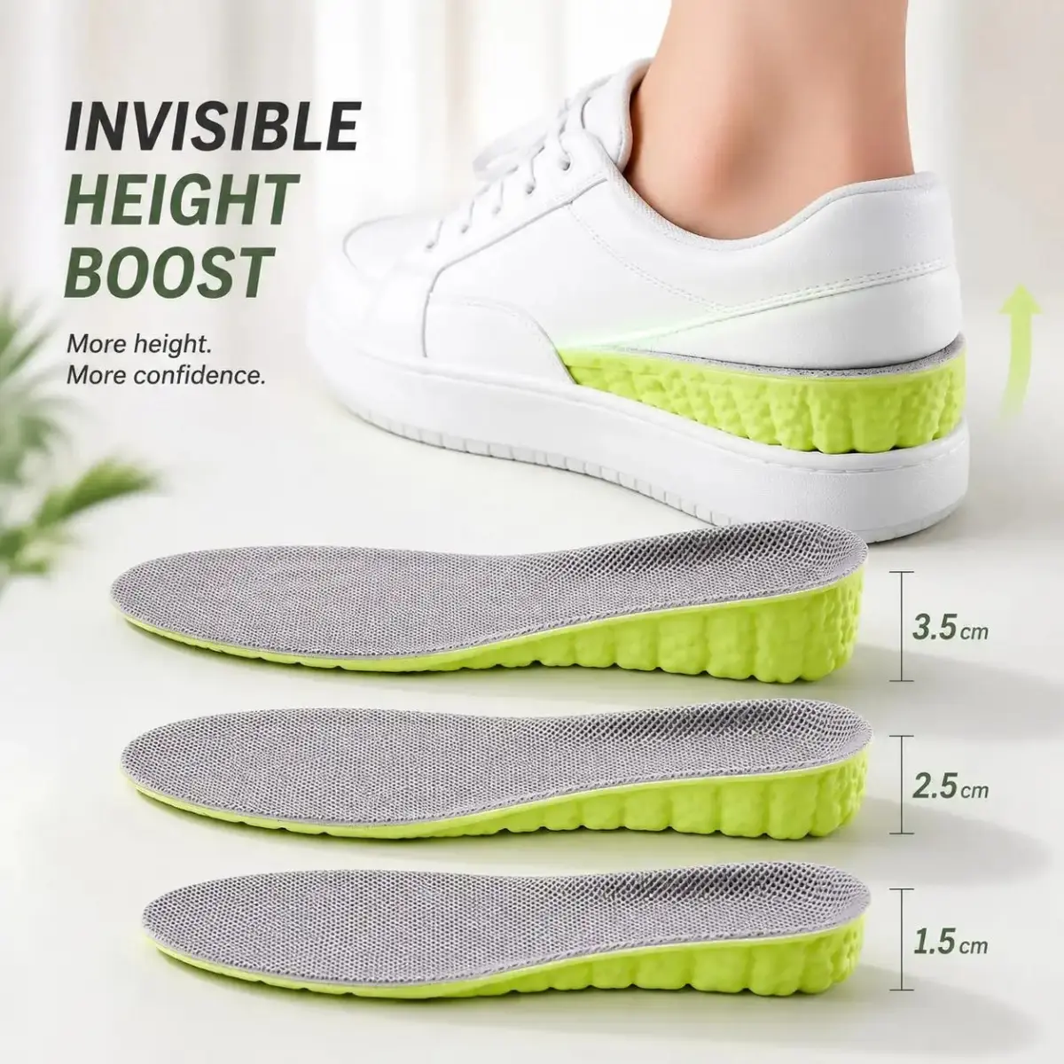 Invisible Height Increase Insoles for Men & Women, Comfy EVA Foam Mesh Top Inserts with 1.5/2.5/3.5cm Heel Lift, Breathable Shock-Absorbing Boosters for Sneakers & Casual Wear