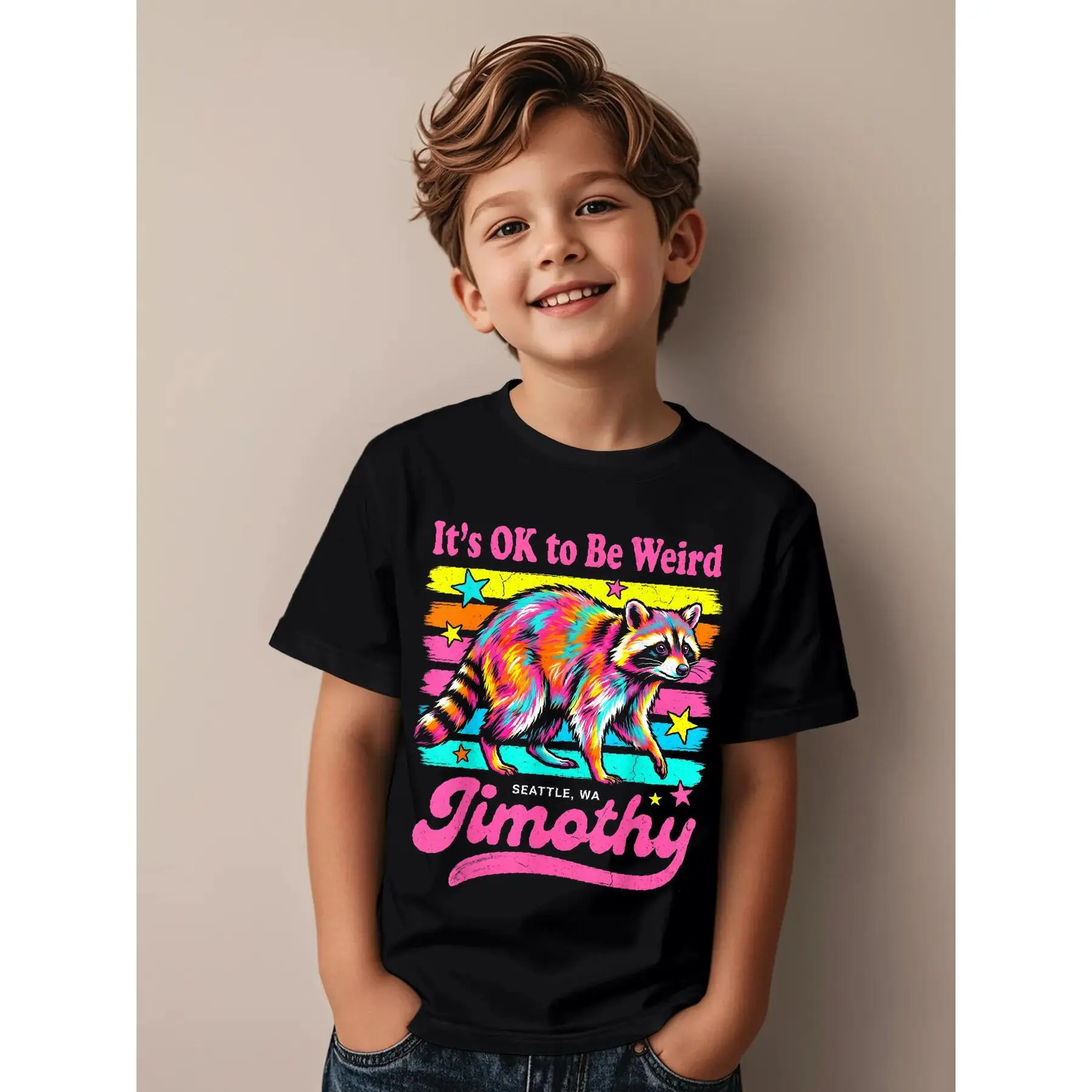 Kids' Cotton Short Sleeve Graphic Print T-Shirt, Soft Breathable Jimothy from Seattle "It's OK to Be Weird" Raccoon Cottagecore, Fitted Cut All Seasons Top for Boys & Girls - Birthday Party or Everyday Outfit
