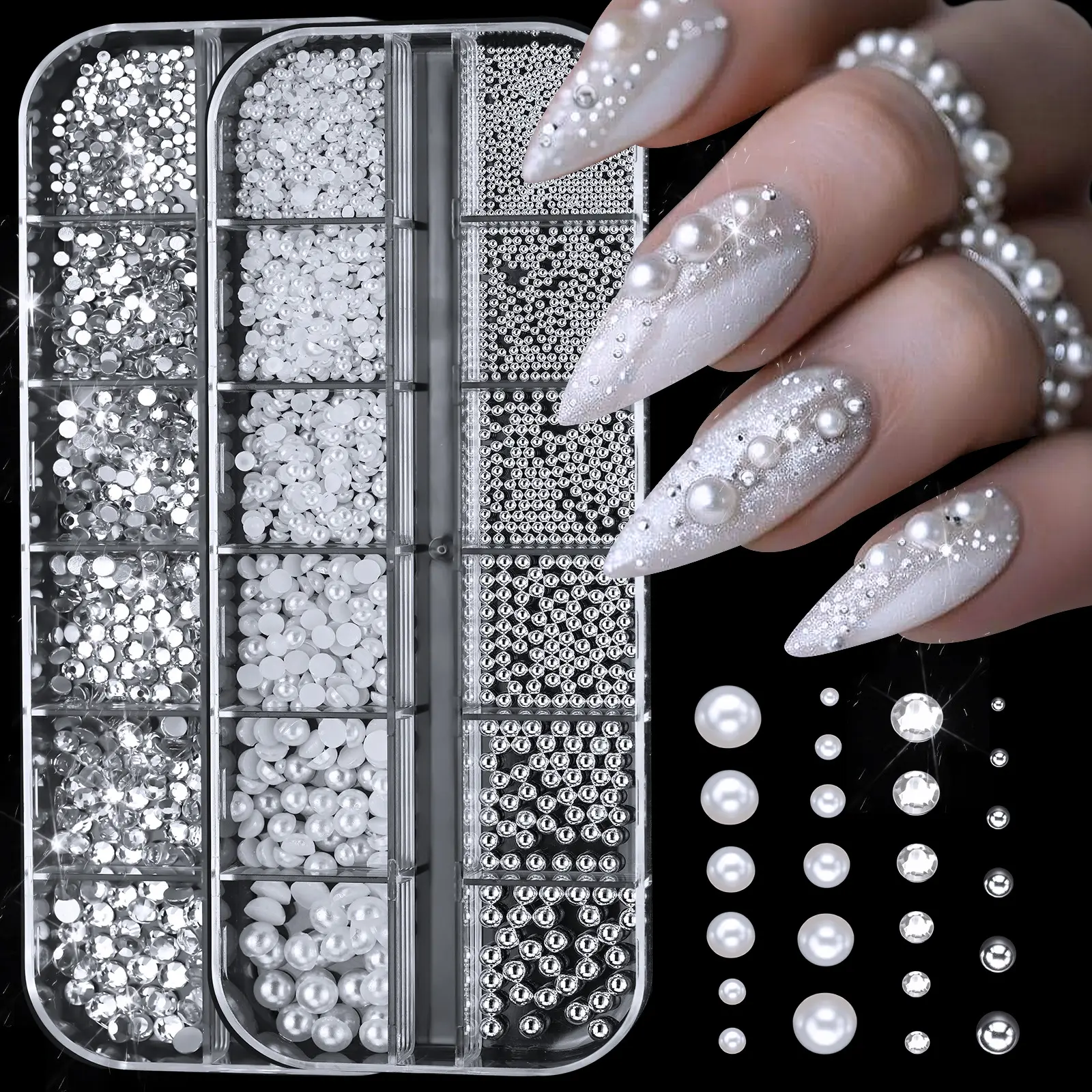 2pcs Nail accessories boxed 12 grid mixed high-gloss pearl decoration semicircular nail art special manicure accessories DIY nail tools