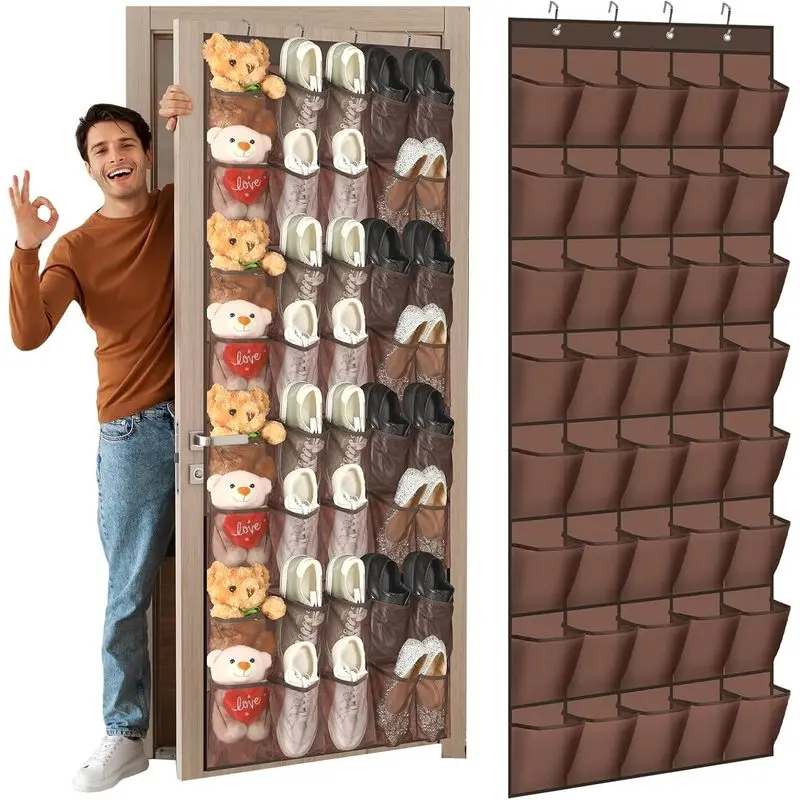 Hangable 40-Pocket Over-the-Door Shoe Organizer, Large Breathable Mesh Hanging Rack with Nonslip Hooks, Brown Home Storage for Closet, Entryway Bedroom Utility Room