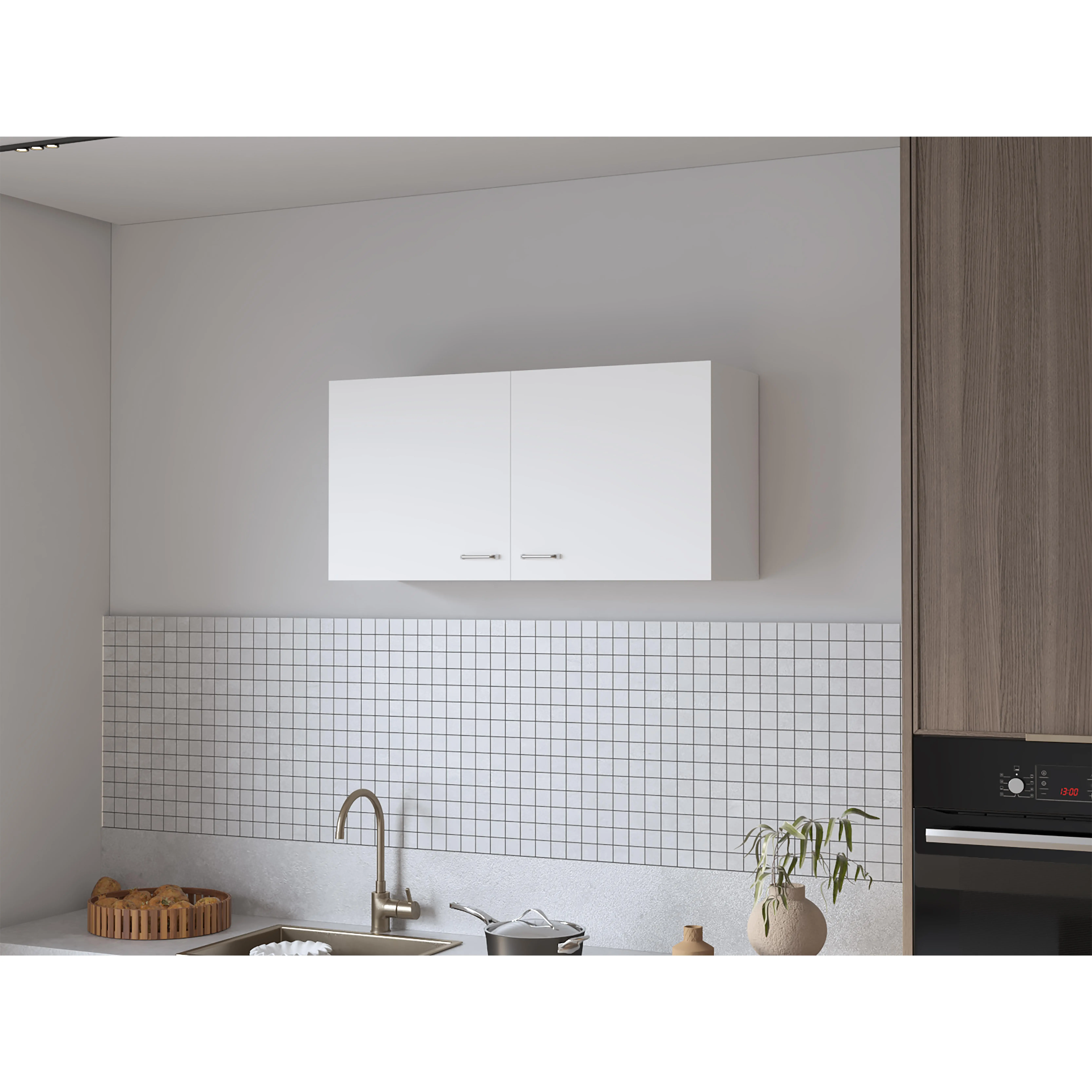Nokaa Wall Mounted Kitchen Cabinet with Two Doors, White Melamine Finish, 39.4"W x 12.6"D x 19.3"H, Modern Contemporary Storage Cabinet with Shelves, Space Saving Over The Counter Cabinet for Kitchen Organization, Easy Assembly Required