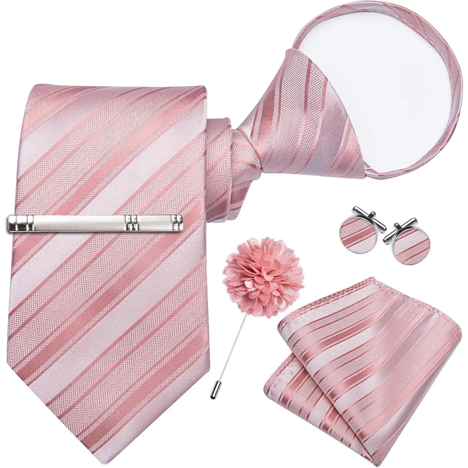 Silk Zipper Ties for Men, Formal Pre-tied Necktie, Pink| Woven 6PCS Adjustable Tie,including Pocket Square, Cufflinks & Lapel Pin, Practical Gift for Men, Great for Wedding Formal