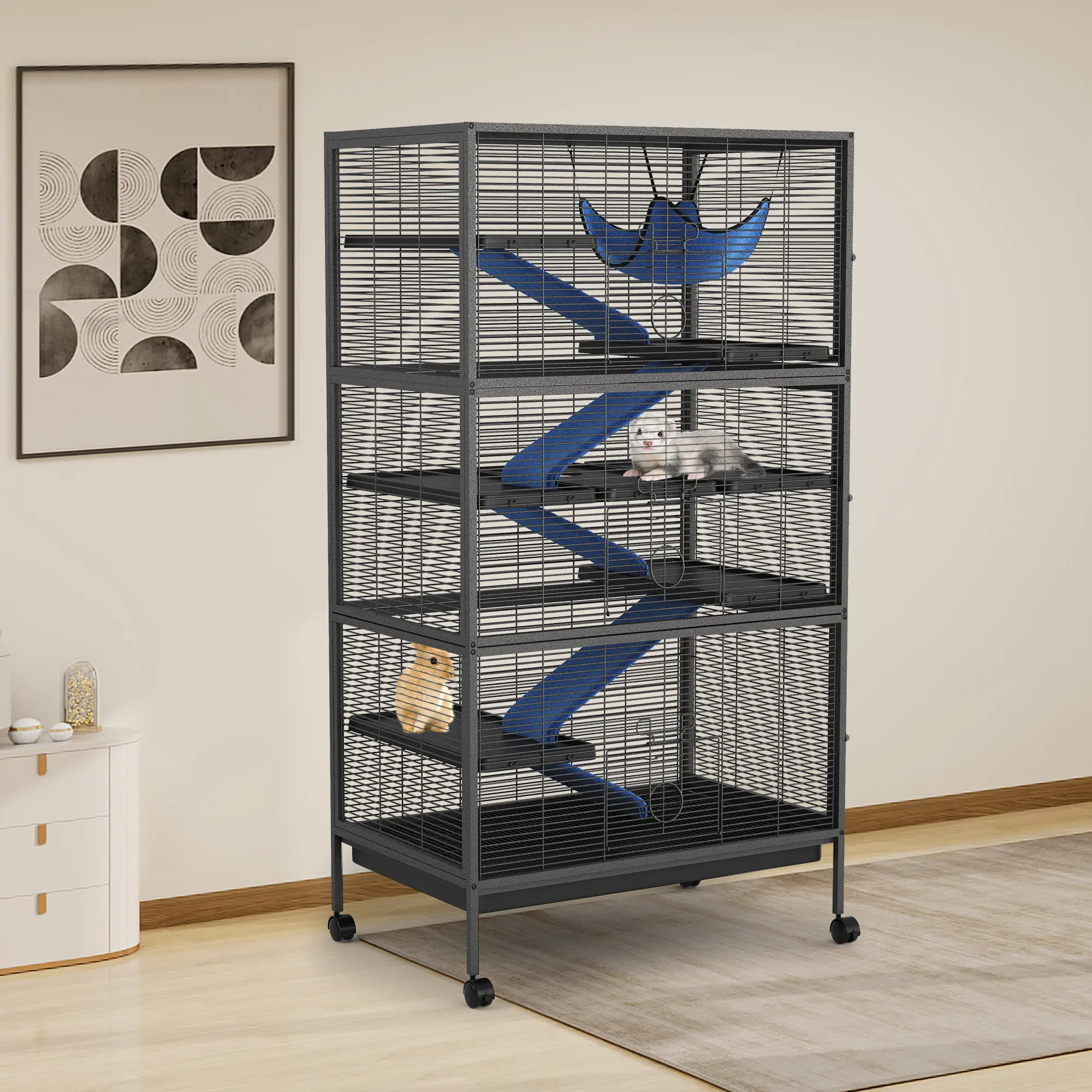6-Tier Large Critter Nation Cage, 59"H Rolling Ferret Cage with 5 Removable Ramps, Hammock, Metal Small Animal Cages On Wheels for Chinchillas, Guinea Pigs, Rabbit, Sugar Glider