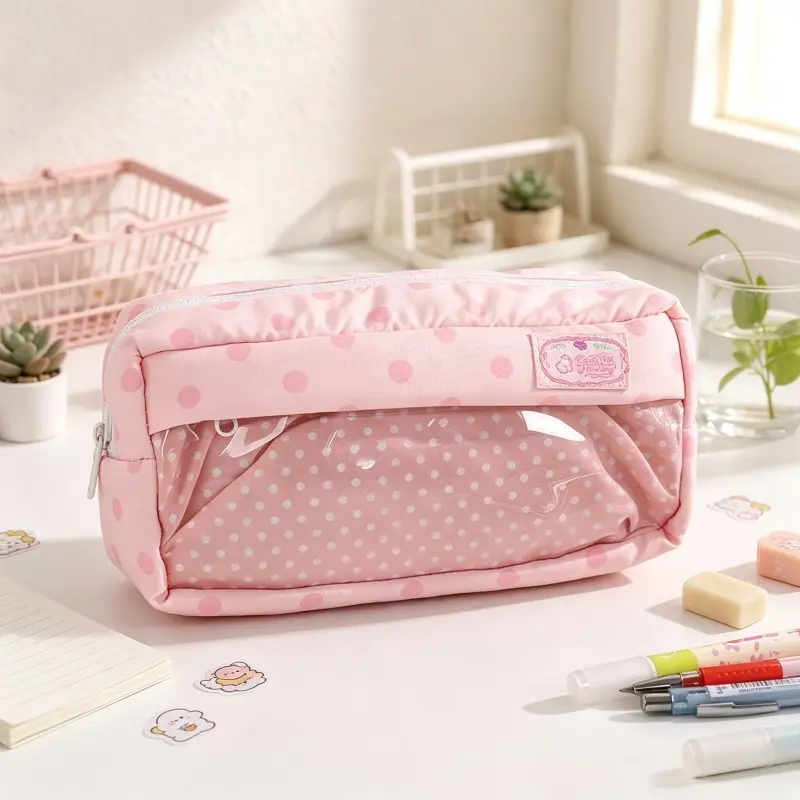 Korean Style Cream Wave Dot Pencil Case, Large Capacity Transparent Student Stationery Box, Blue Colors, High Aesthetic School Supplies Organizer