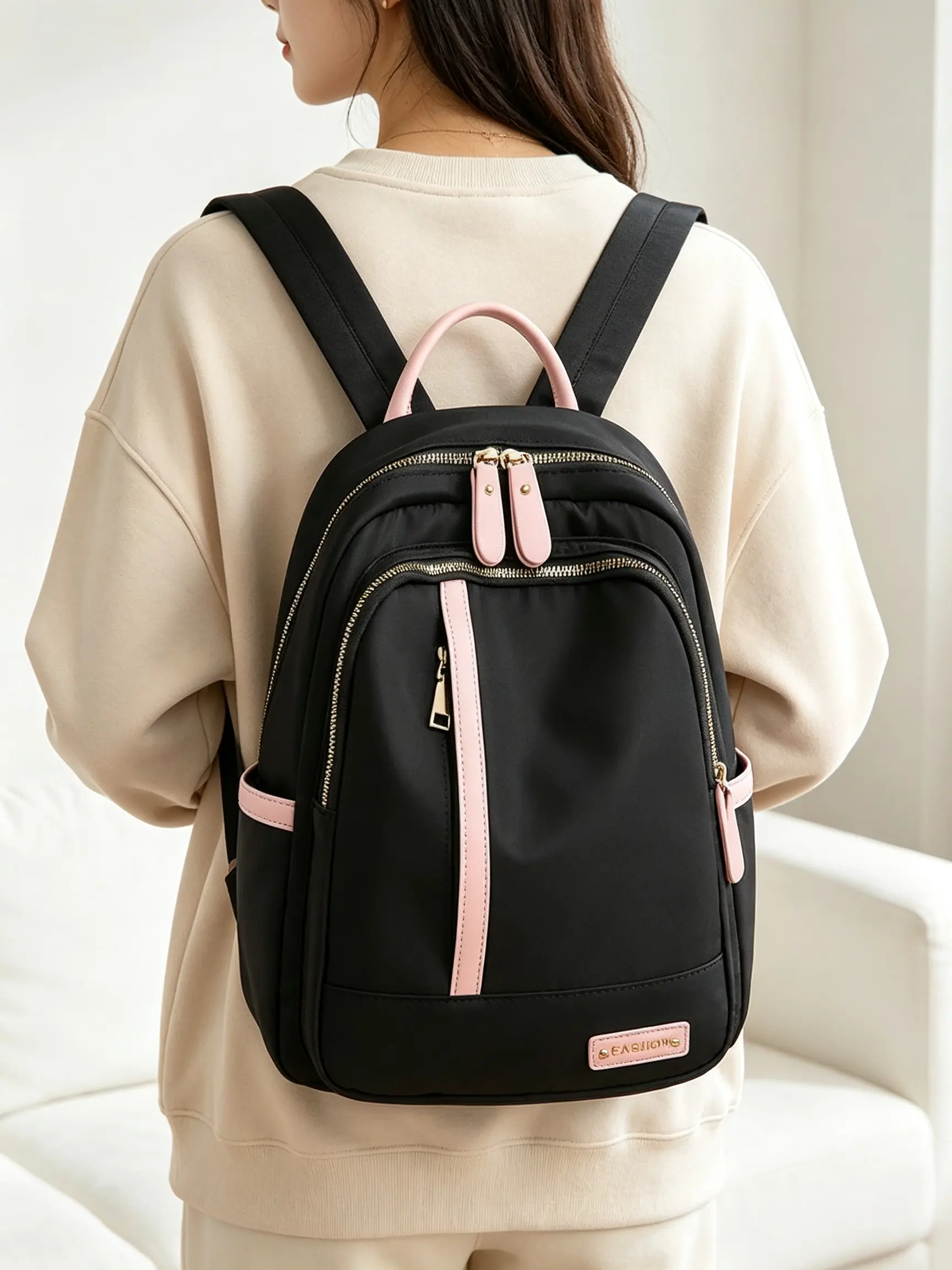 Women's Waterproof Oxford Backpack, Leather Detail Block, Multi-Layer Lightweight Large Capacity, Ideal for School, Commute, Shopping, Outdoor, Weekend Travel