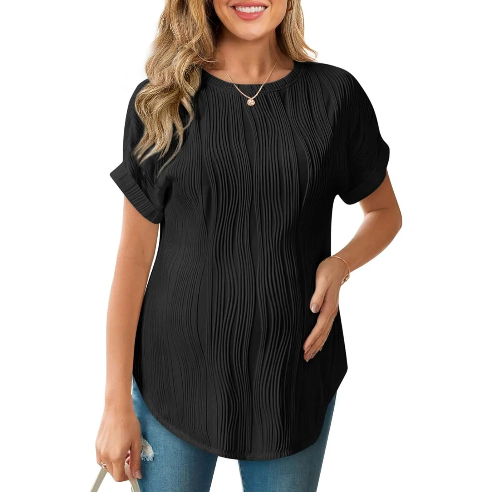 Yousify Womens Maternity Shirts Casual Textured Short Sleeve Crew Neck Spring Summer Pregnancy Tops S-XXL