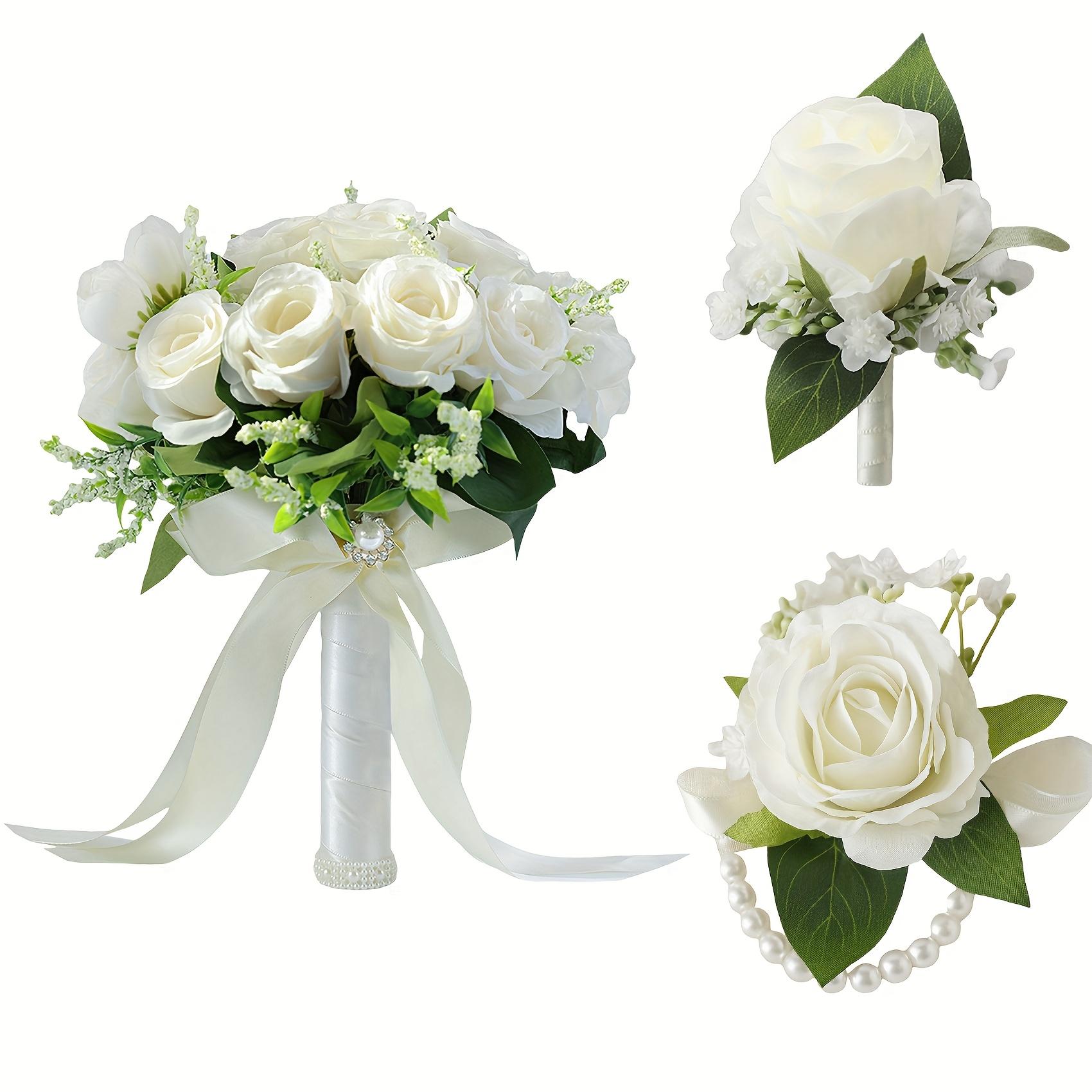 3-piece set of white rose wedding bouquets suitable for brides, elegant artificial rose boutonnieres suitable for grooms and groomsmen, wrist flowers for brides and bridesmaids, wedding decorations, wrist flowers for mothers, bridal shower hand-tossed bou