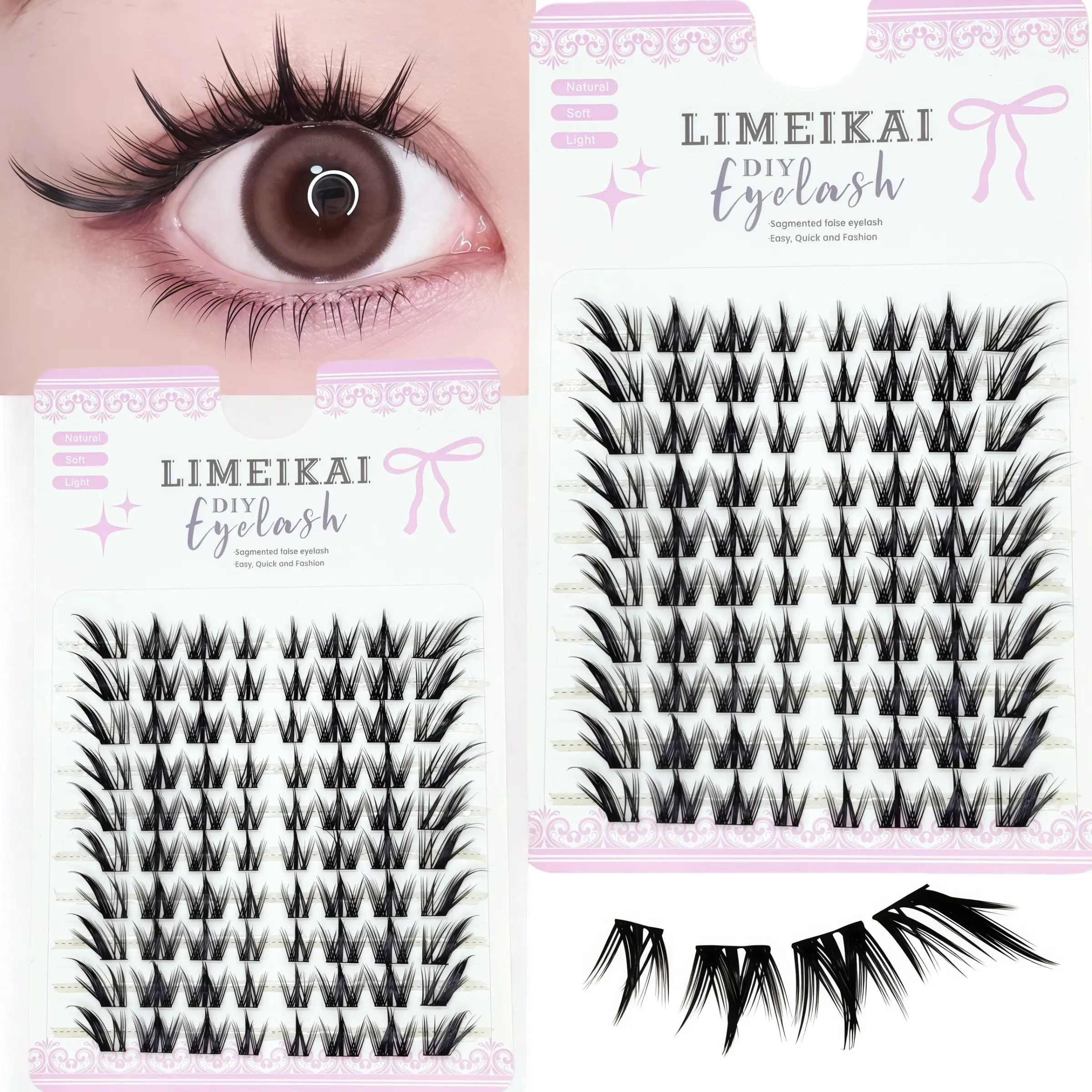 Limeikai 80 Clusters Fox Style False Eyelashes, Natural Segmented Thick Curled, C Curl, 10-14mm, Korean Japanese Style, Lightweight, DIY Cluster Lash