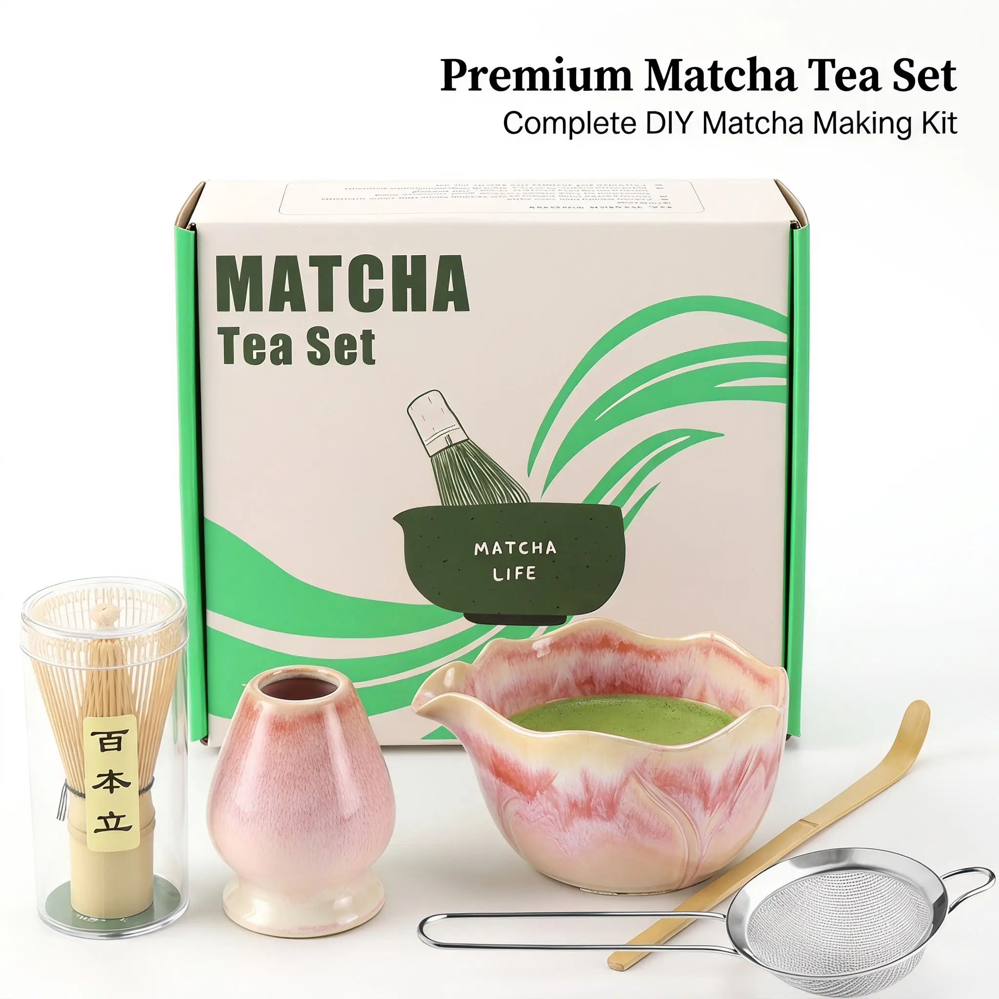 5-Piece Matcha Chasen Set, Complete Tea Ceremony Kit, Ceramic Bowl, Bamboo Chasen, Teapot Rack, Spoon, Powder Sifter, Traditional Matcha Tools