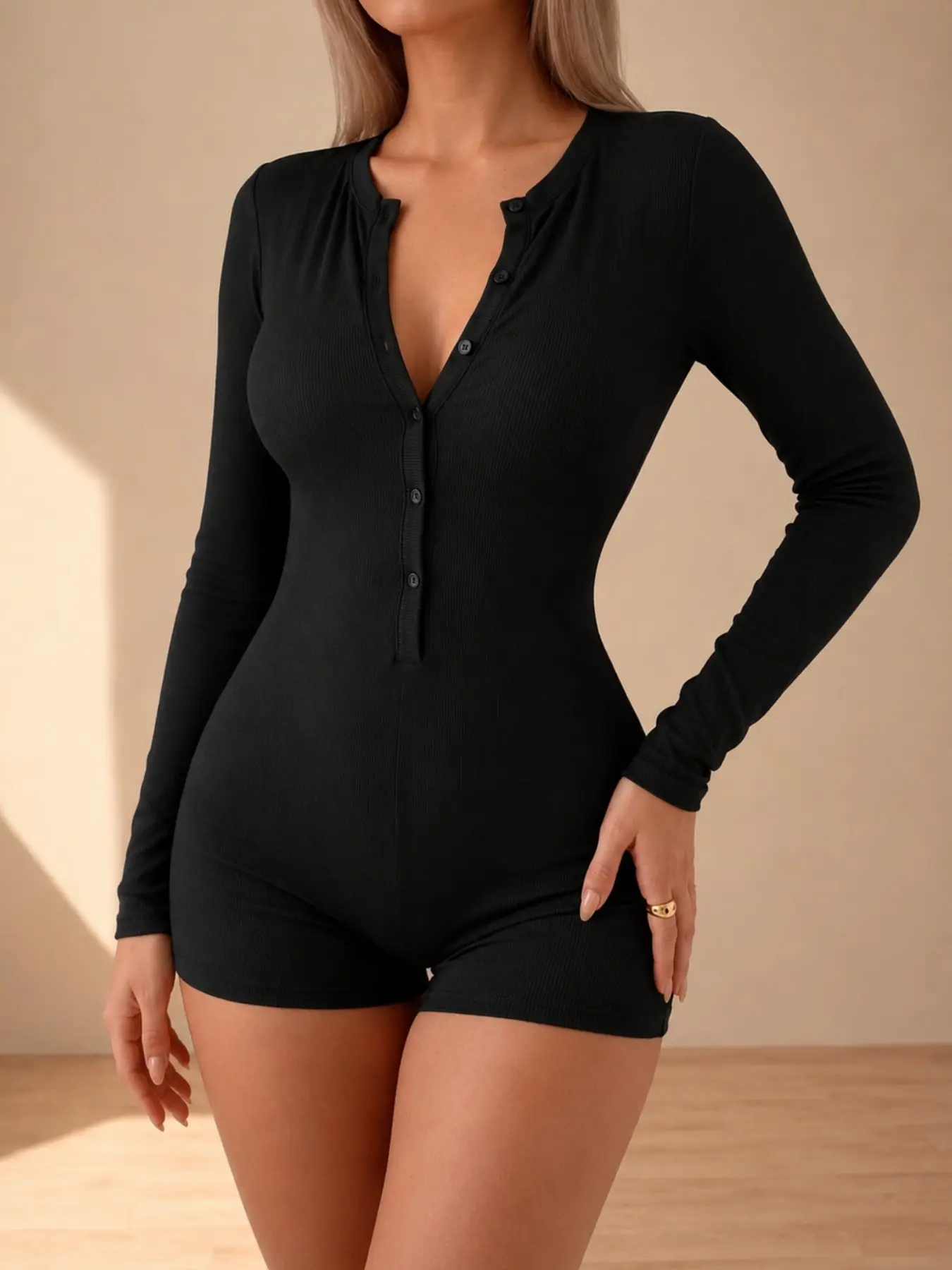 Women, Ribbed Long Sleeve Button Front Jumpsuit Sculpting Bodycon Romper Bodysuit Sexy One Piece Outfit Stretchy Bodycon Deep V Neck Slim Fit Snug Fit Soft Knit Fabric Cozy Casual Loungewear Sleepwear Y2K Womenswear Casual Jumpsuits