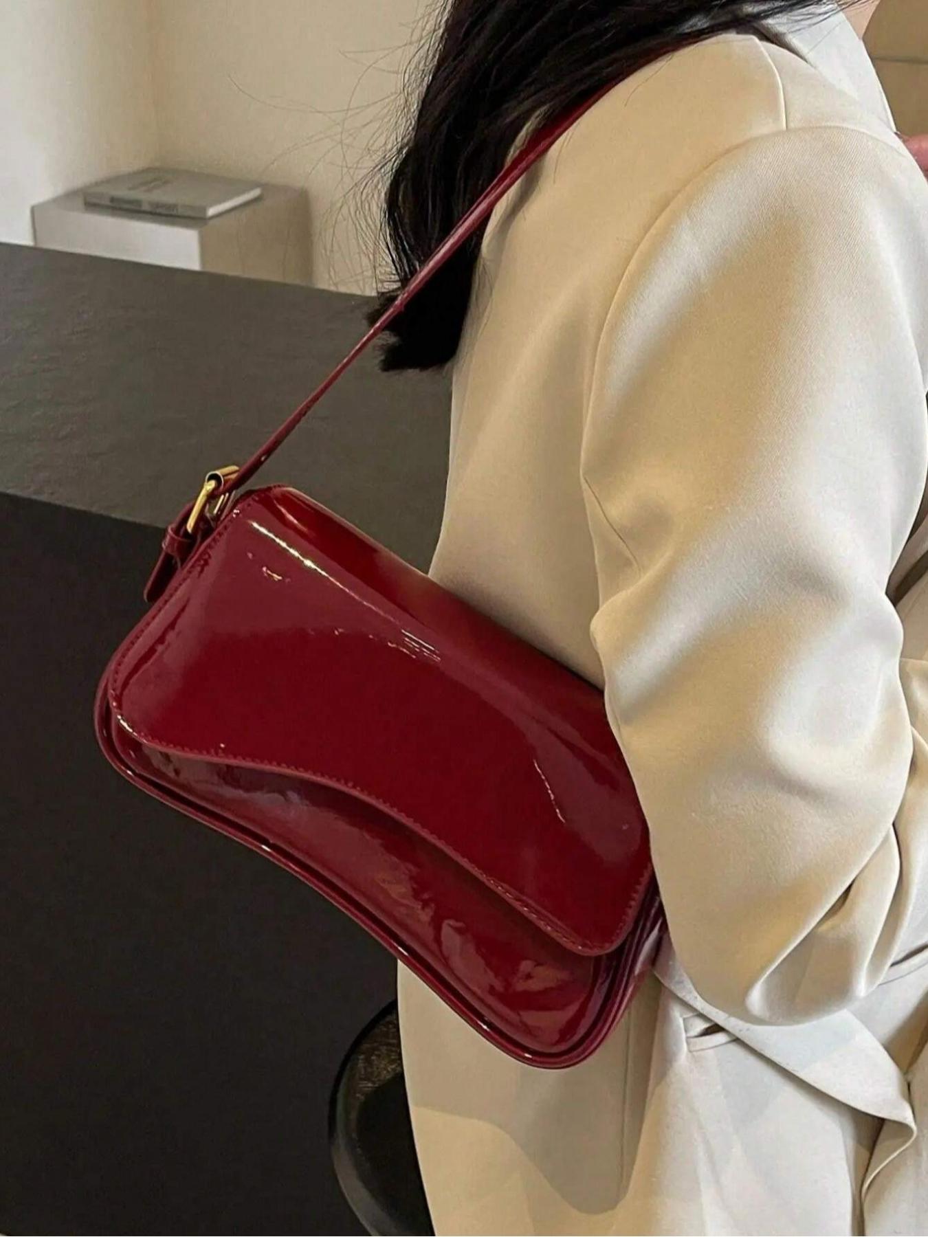 Women's Solid Color Shoulder Bag, Fashionable Patent Leather Crossbody Bag for Daily Used, Casual Trendy Versatile High-quality Daily Commuting Bag