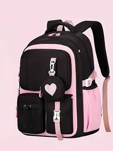 1 Piece Contrast Trim Daily Backpack Detachable Heart Decor Mini Coin Bag Multi-Layer Zipper Compartments Drawstring Side Pocket Padded Adjustable Shoulder Straps Large Capacity Backpack for Campus Study Daily Commute Weekend Outdoor Trip