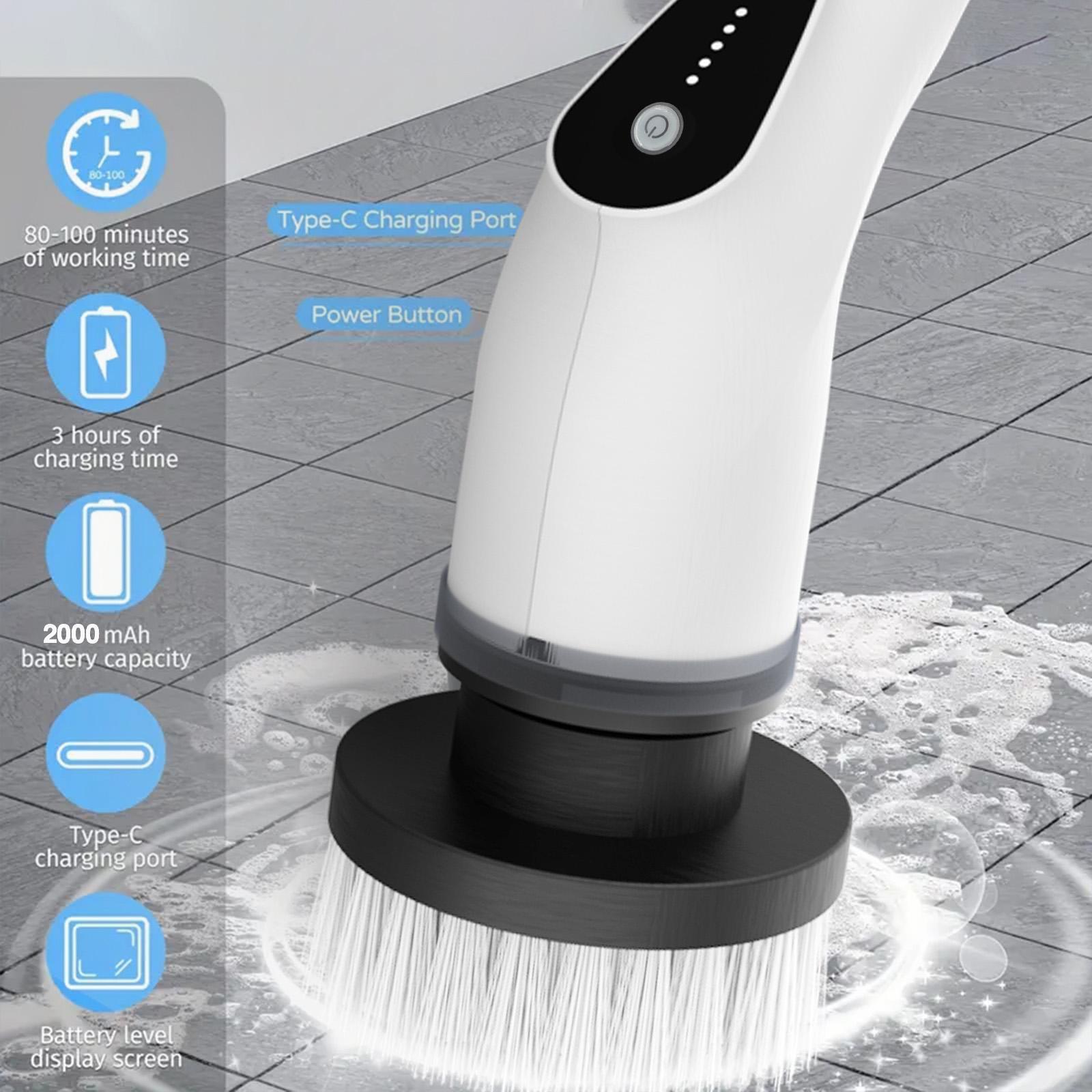 Electric Spin scrubber with 5-speed, Cordless power scrubber, Floor cleaning tool, electric cleaning brush with 8 replacement brush heads and detachable telescopic pole, electric bathroom scrubber for floors, tiles, USB Rechargeable