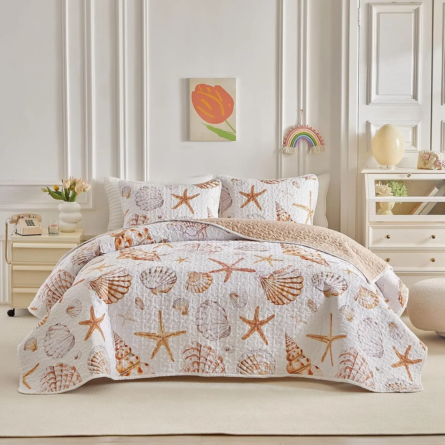 3 Piece Sets Queen Size - Reversible Microfiber Ocean Style with 2 Shams Soft Lightweight Beach Bedding Nautical Bedspread Coverlet Summer Comforter